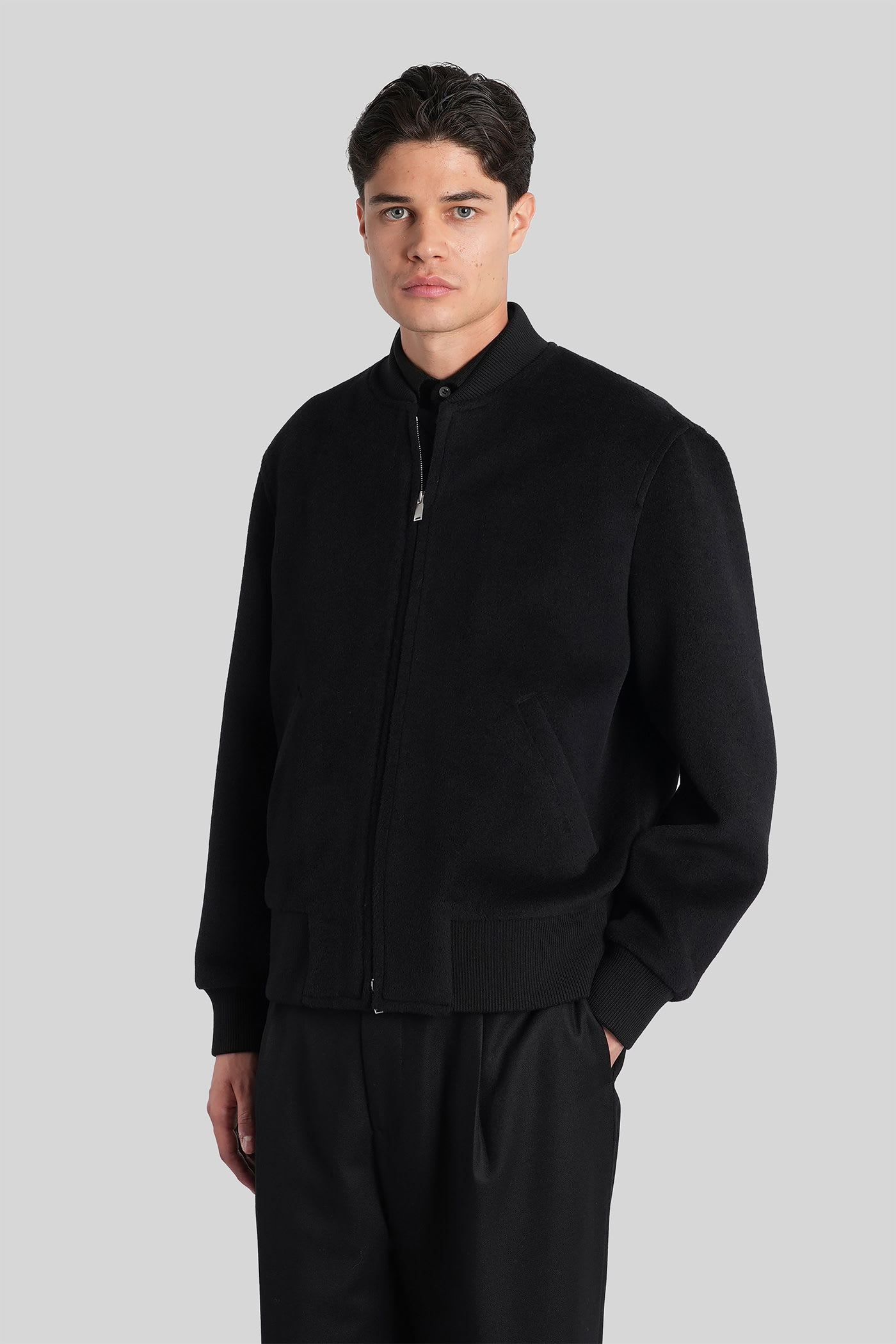 Lardini Bomber Jacket In Black Wool In Multi