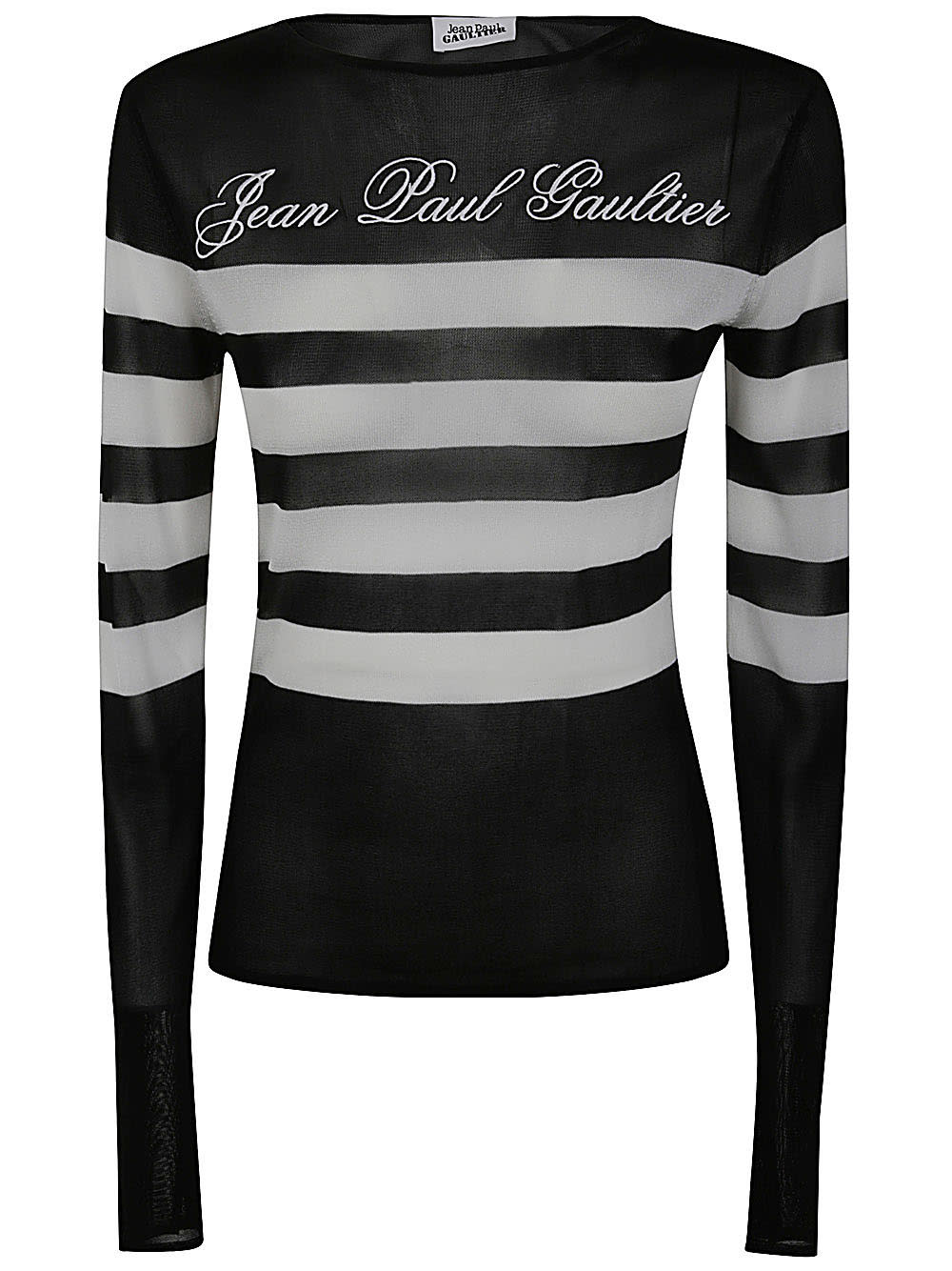 Shop Jean Paul Gaultier Transparent Viscose Mariniere Top With Intarcia Signature In Black White