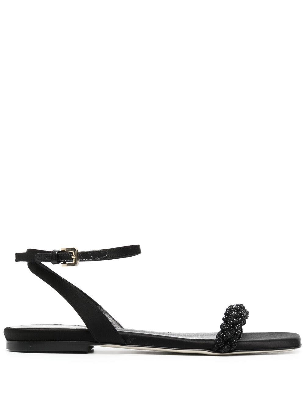 Pollini BLACK LEATHER AND SATIN SANDALS WITH BRAIDED STRAP