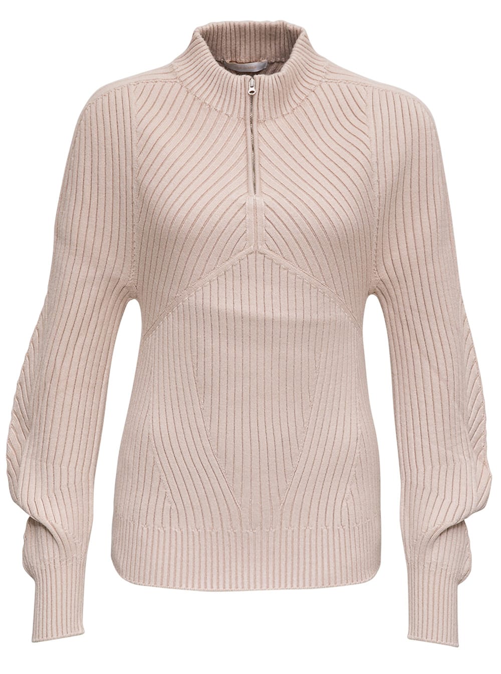 Low Classic Beige Ribbed Sweater With Long Twisted Sleeves