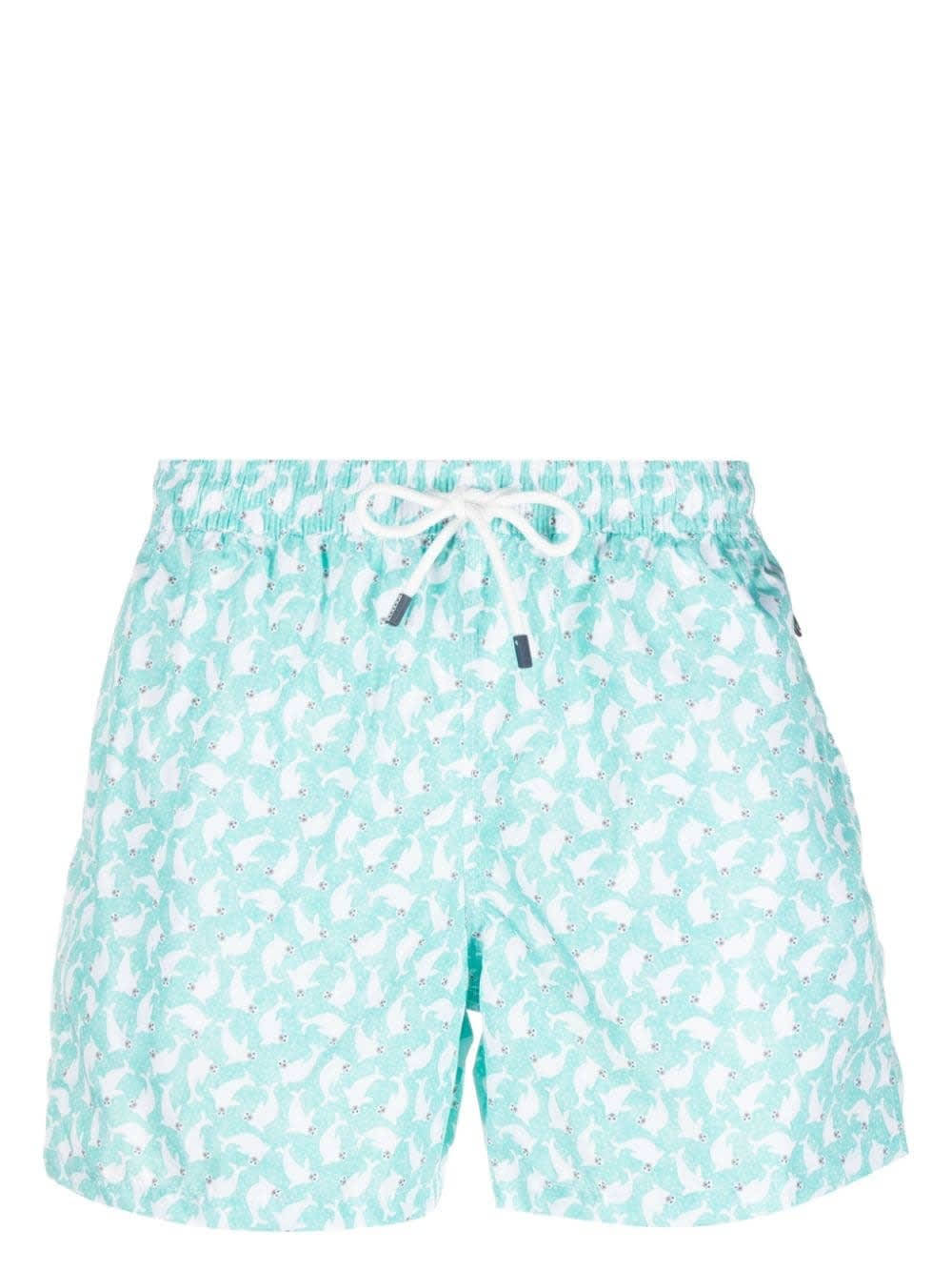 Aqua Green Swim Shorts With Seals Pattern