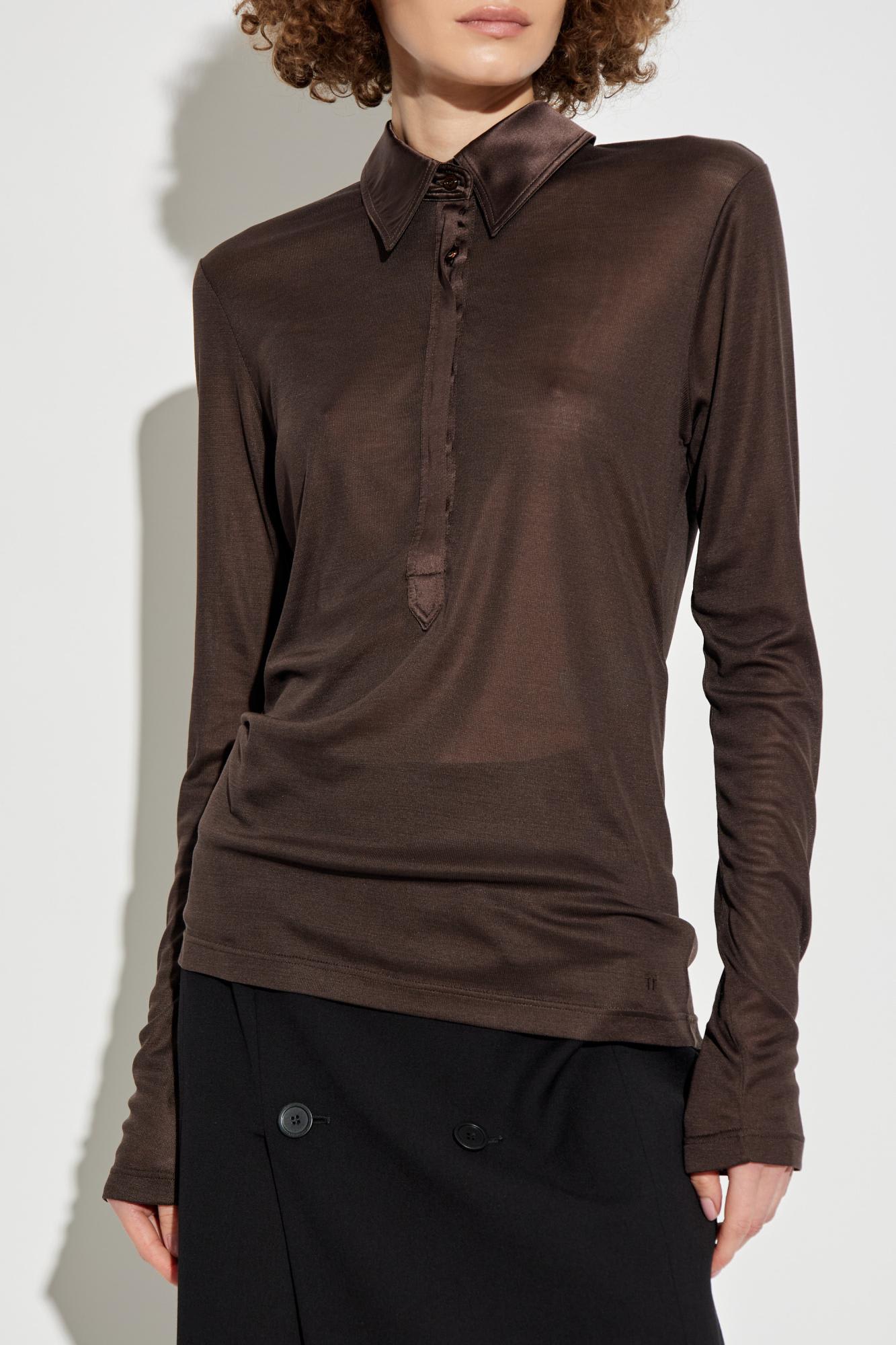Tom Ford Silk Jersey Long Sleeve Polo In Brown