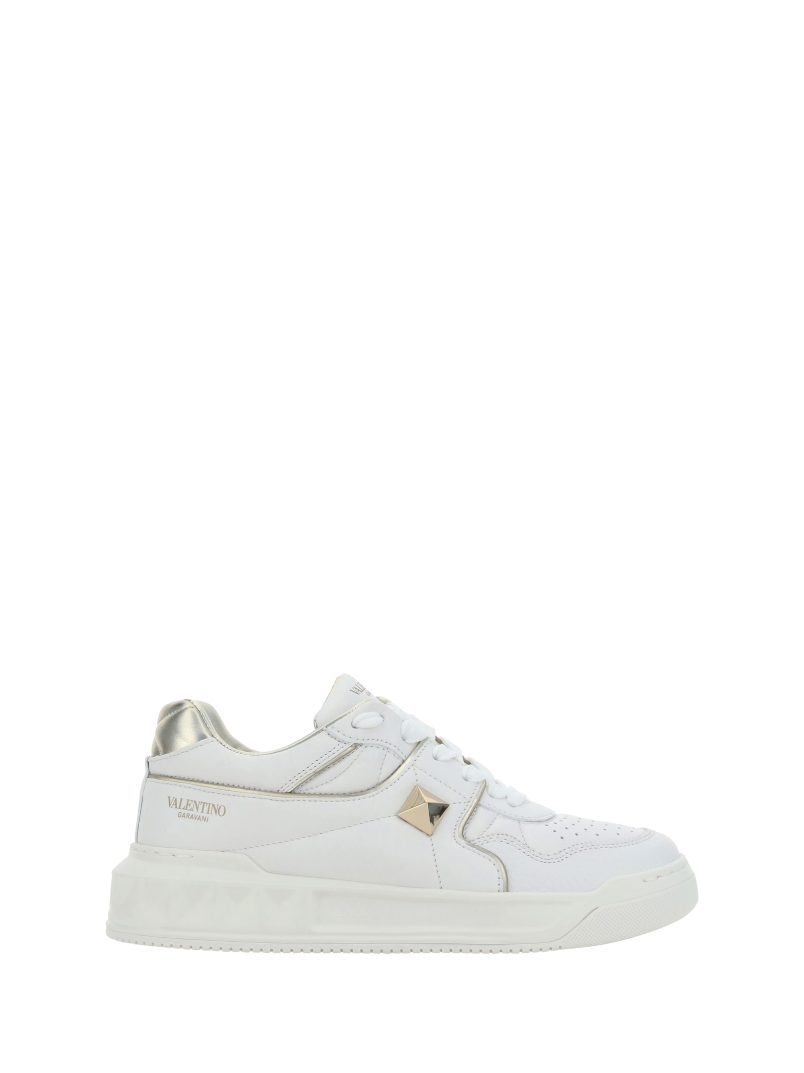 Shop Valentino Sneaker One Stud Nappa/nappa Lam/vit In Bianco/platino/bianco/platino/bianco