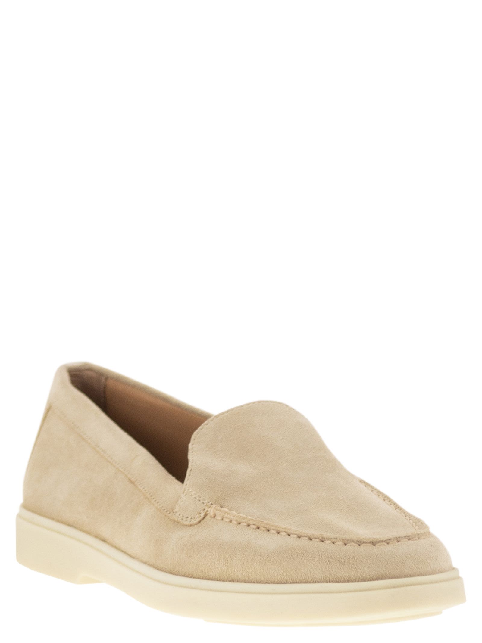 Shop Santoni Suede Moccasin In Beige