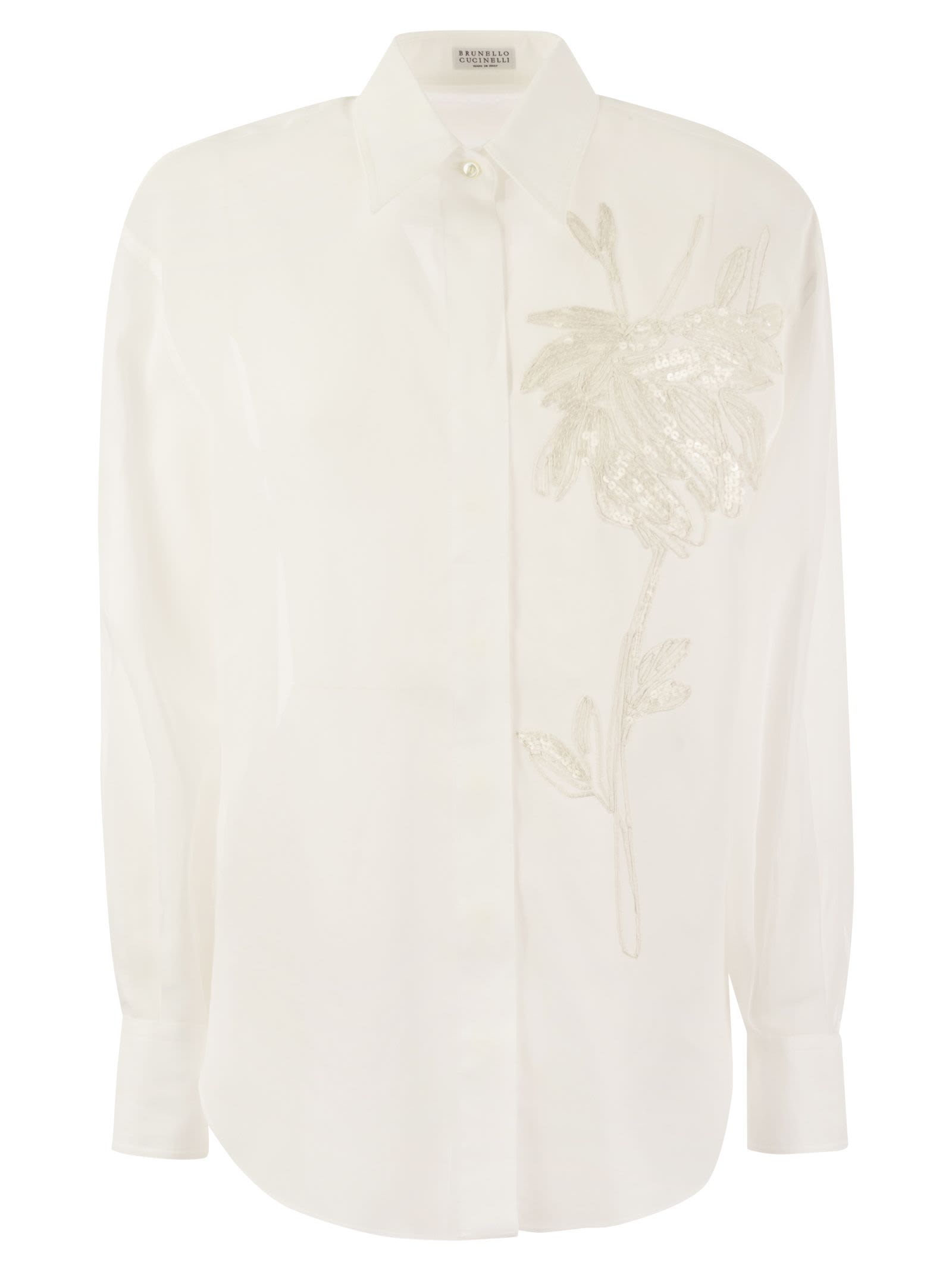 Shop Brunello Cucinelli Cotton Organza Shirt With Dazzling Magnolia Embroidery In White