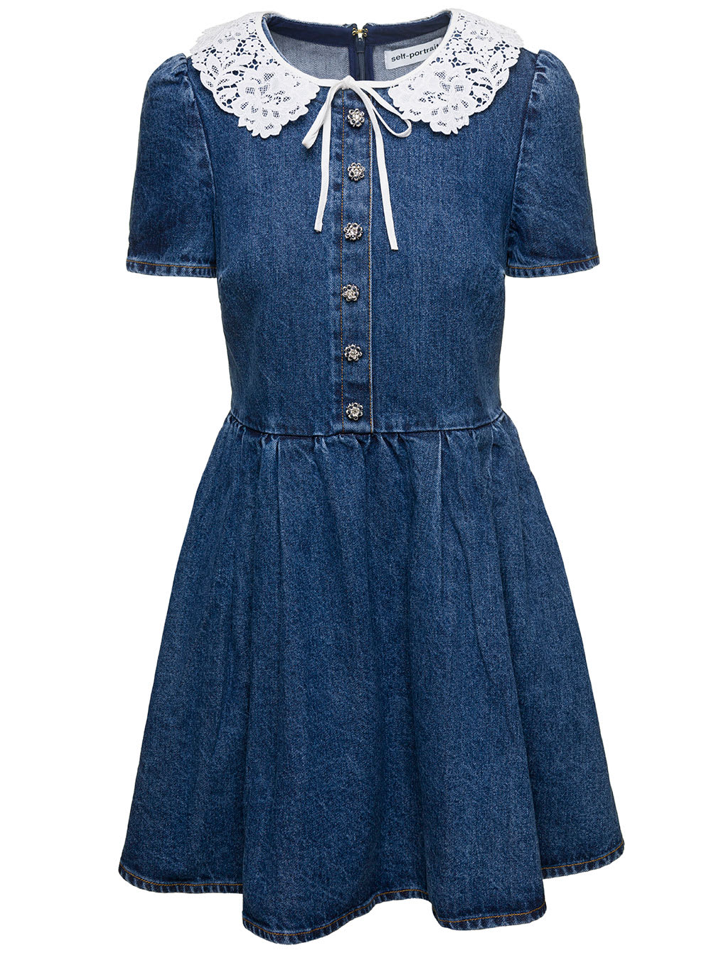 SELF-PORTRAIT MINI BLUE DRESS WITH PETER-PAN COLLAR AND FLARE SKIRT IN COTTON DENIM WOMAN