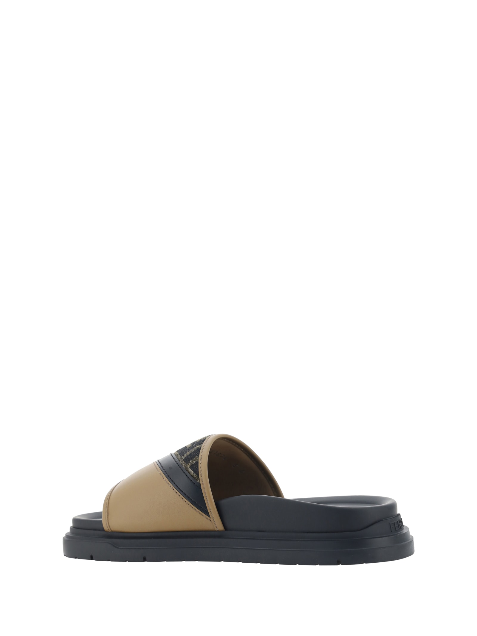 Fendi Brown Ff Jacquard And Beige Leather Slides In Sand+ner+tabacc.nero