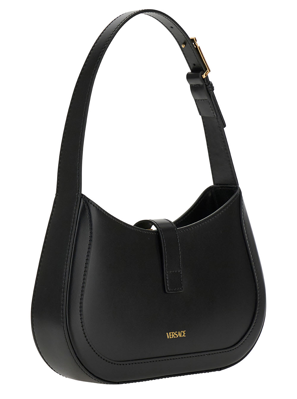 Shop Versace Greca Goddess Small Black Hobo Bag With Logo Detail In Leather Woman
