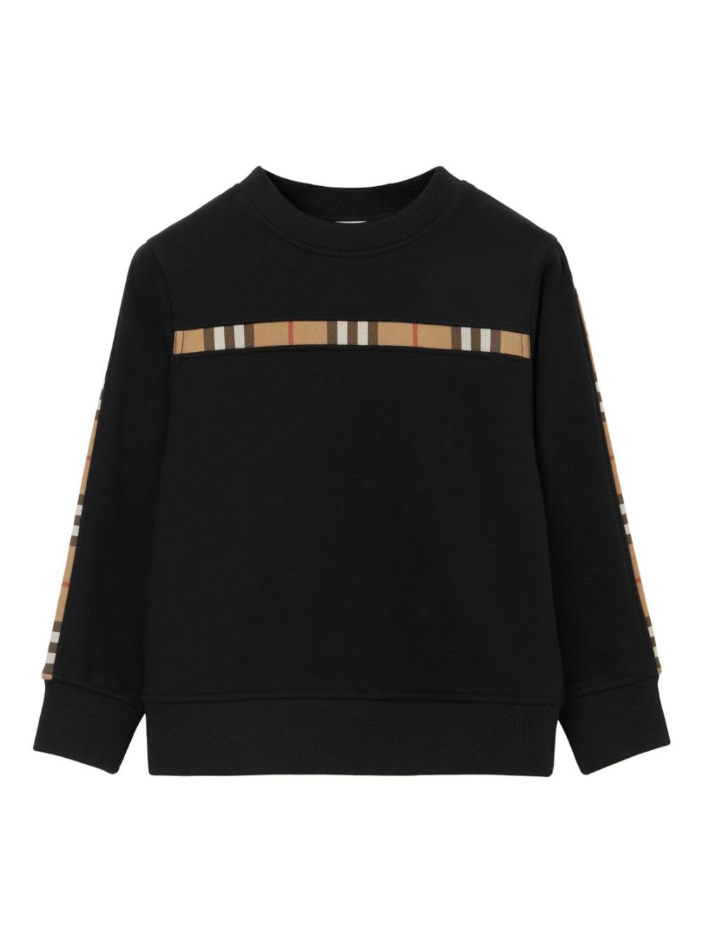 Shop Burberry Black Crewneck Sweatshirt With Check Print On The Front And On Sleeves In Cotton Boy