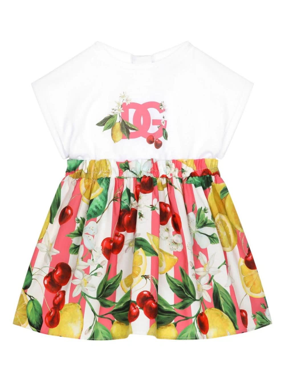 Dolce & Gabbana Babies' Jersey And Poplin Dress With Lemon And Cherry Print In White