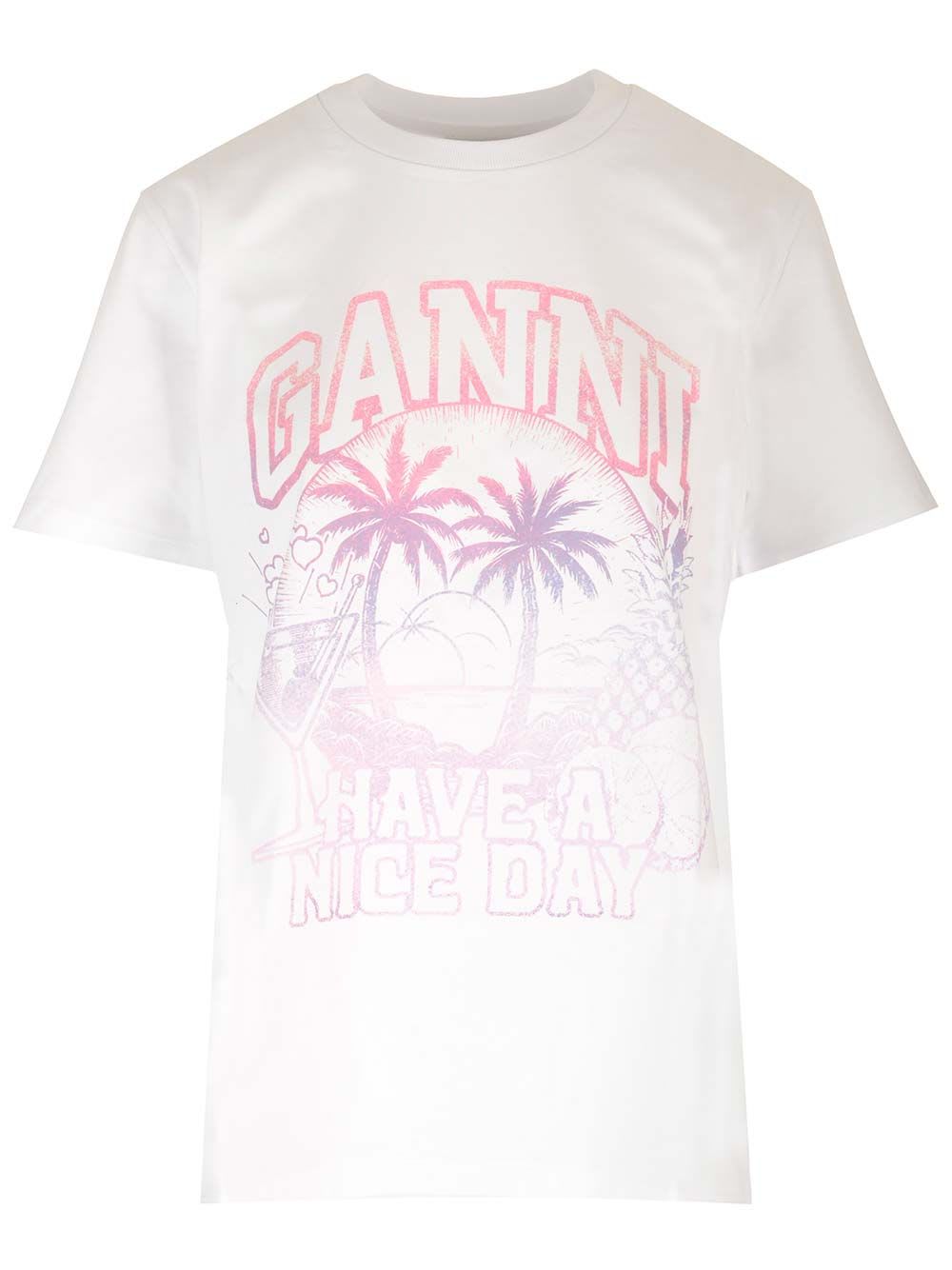 Shop Ganni Cocktail Relaxed T-shirt In White