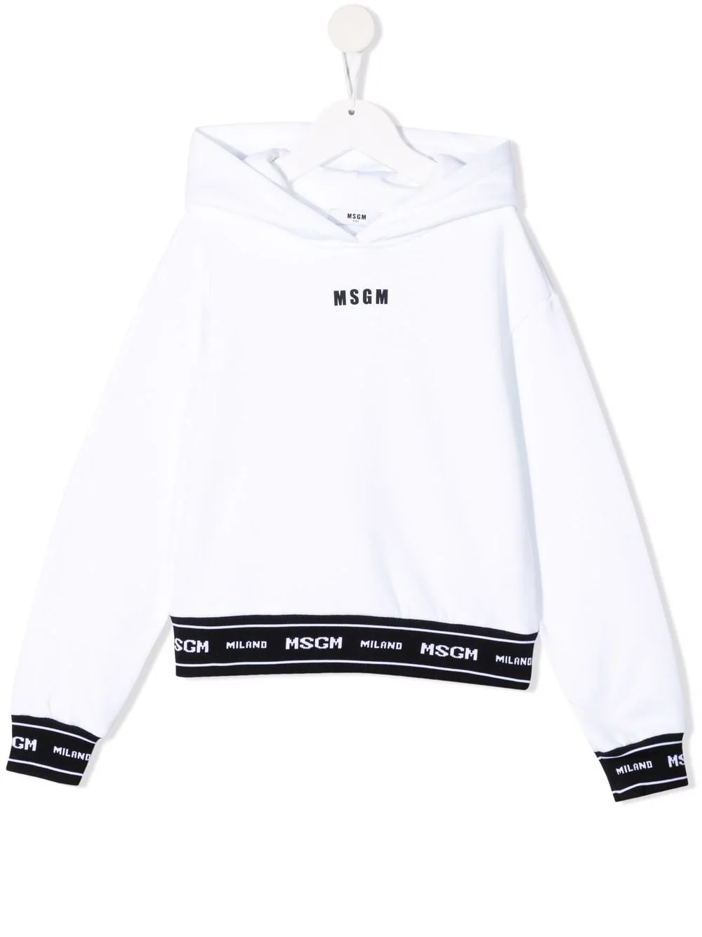 MSGM White Hoodie With Black Logoed Ribbons