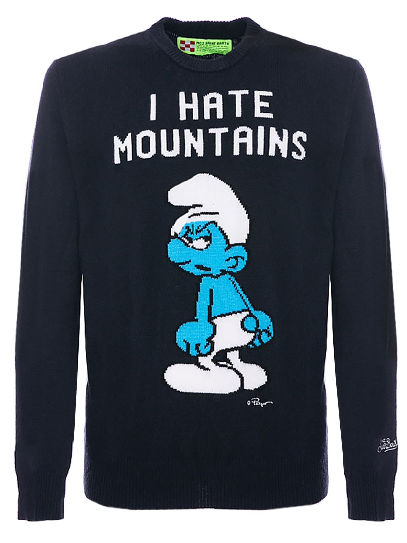 MC2 Saint Barth Man Blue Navy Sweater I Hate Mountains Smurf Print - Special Edition Peyo®