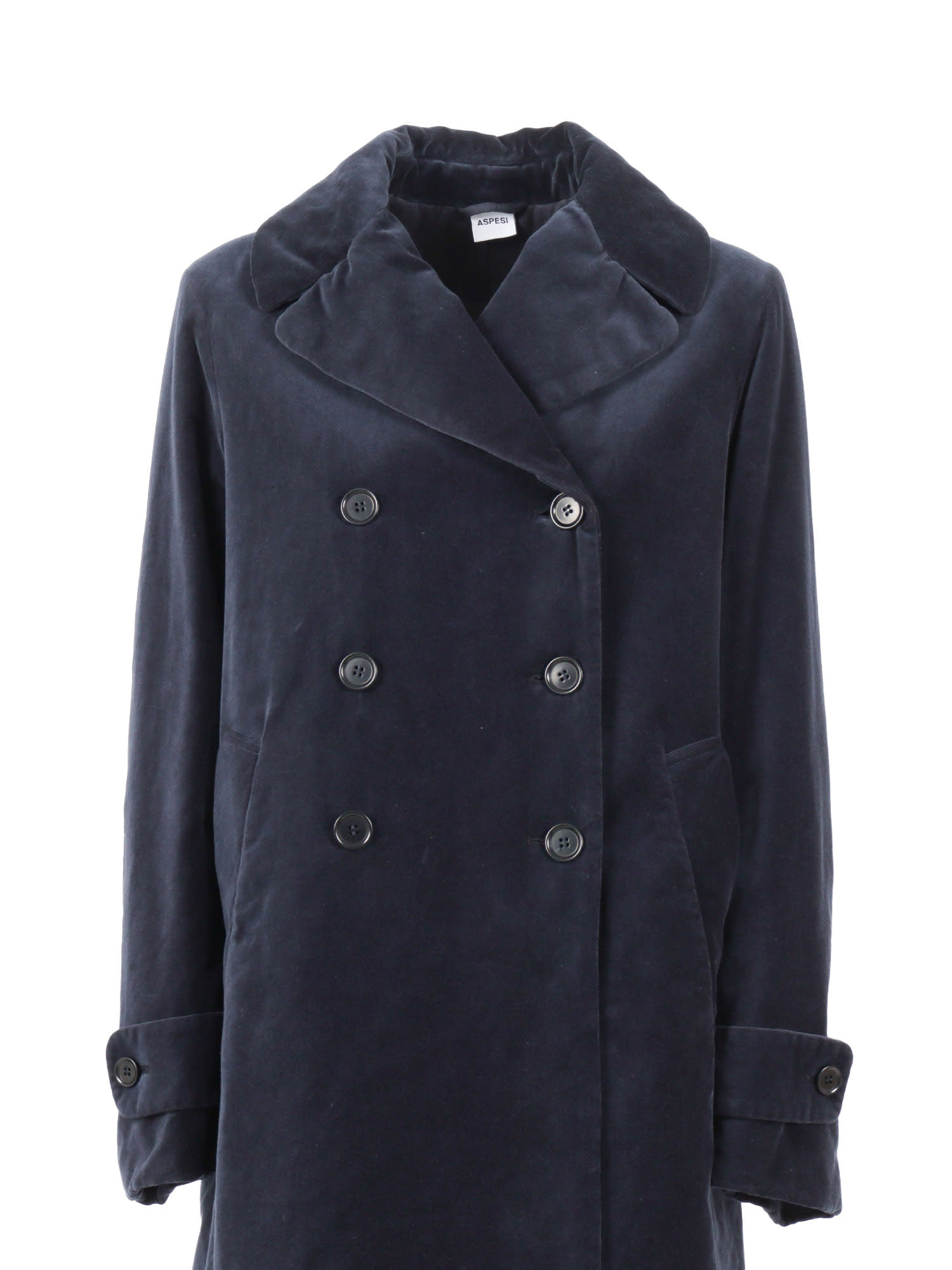 Aspesi Double-breasted Long Coat With Velvety Texture In Blue