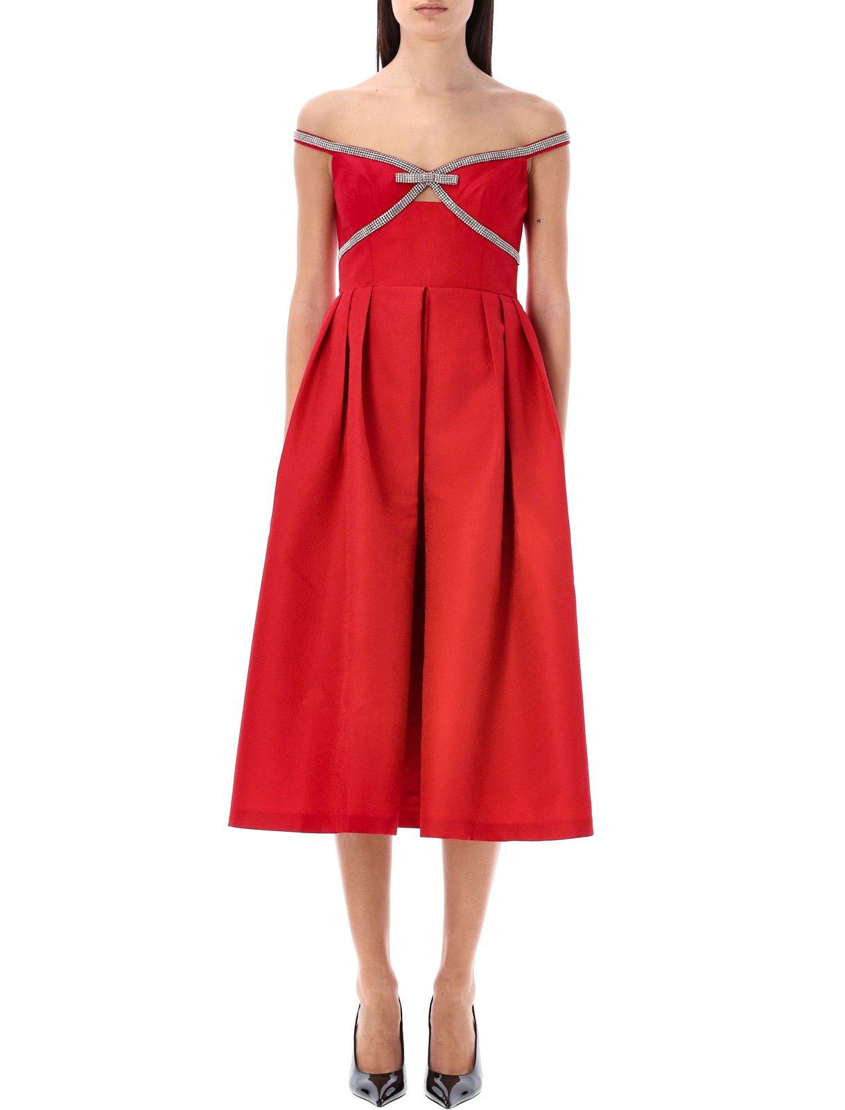 Shop Self-portrait Bow Embellished Midi Dress In Red