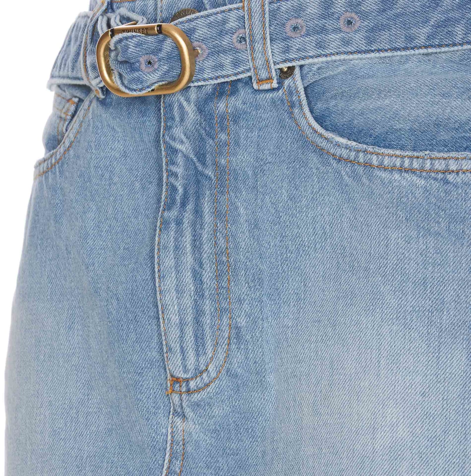 Shop Twinset Denim Mini Skirt With Oval T Belt In Blue