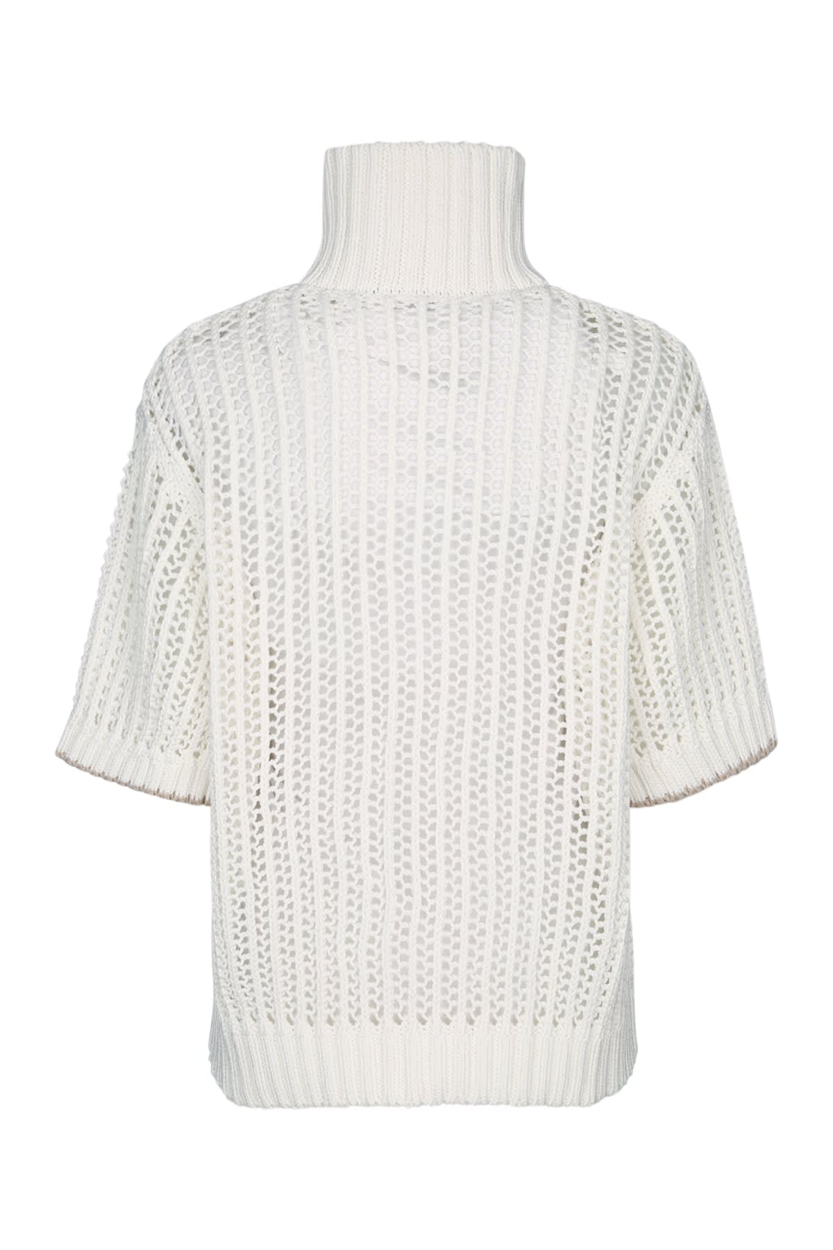 Brunello Cucinelli White High Neck Sweater With Perforated Design In Animal Print