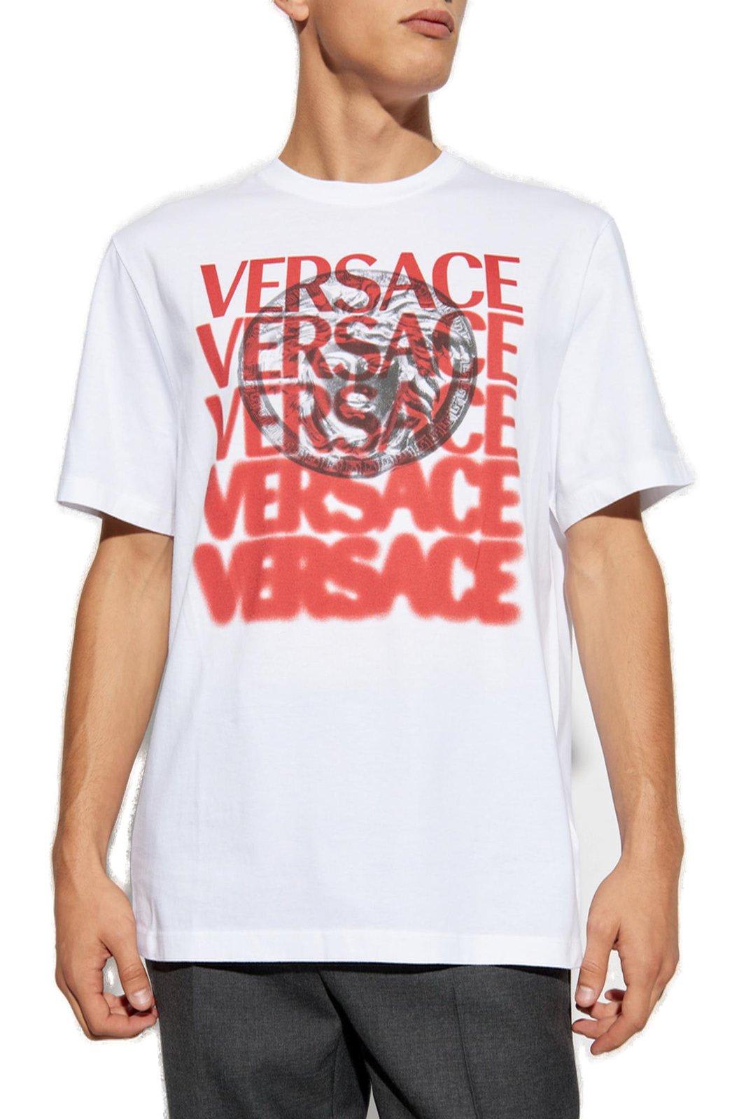 Shop Versace Logo-printed Crewneck T-shirt In White-print