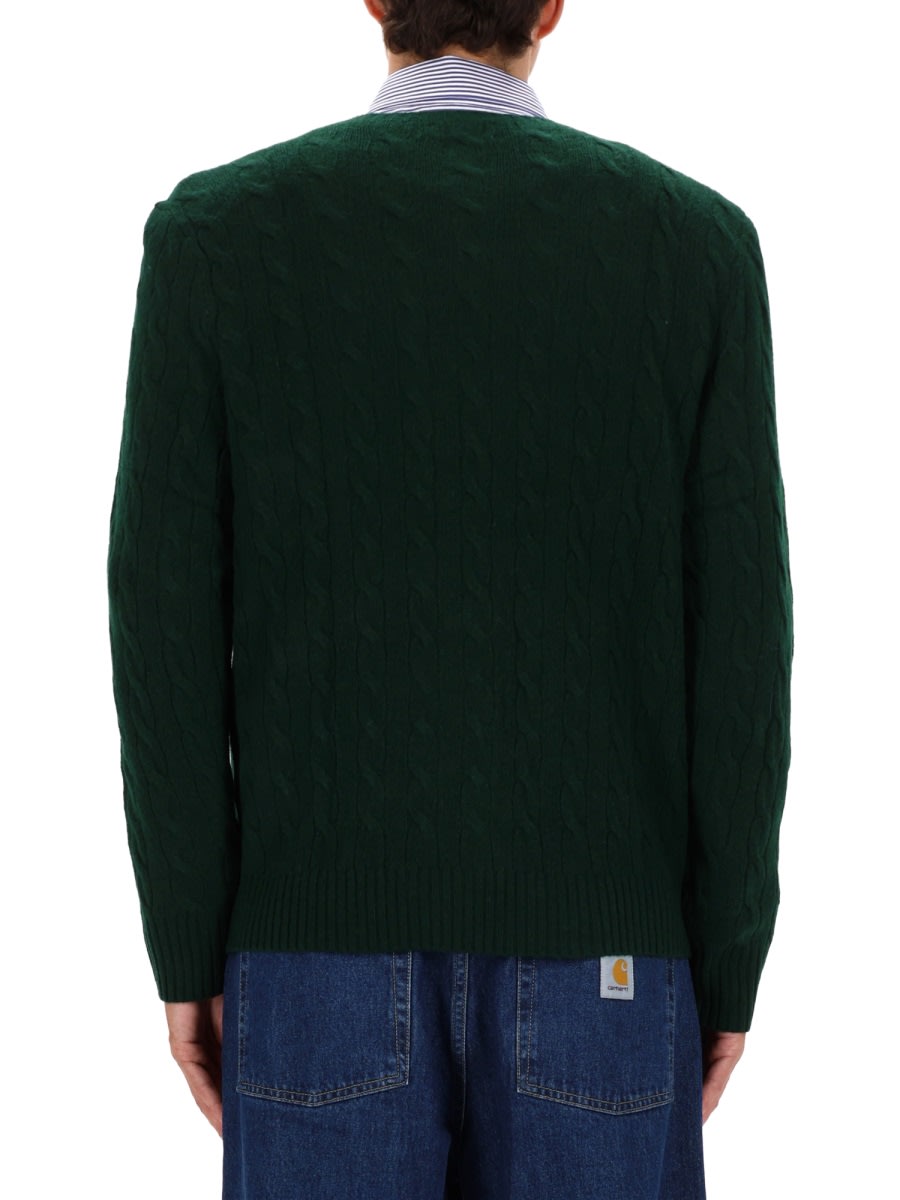 Polo Ralph Lauren Green Cable Knit Crewneck Sweater With Pony Embroidery On The Front In Wool And Cashmere Man