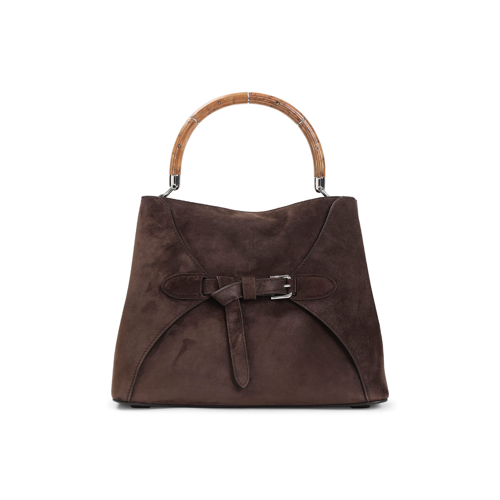 Ralph Lauren Structured Suede Bucket Bag With Bamboo Handle In Brown