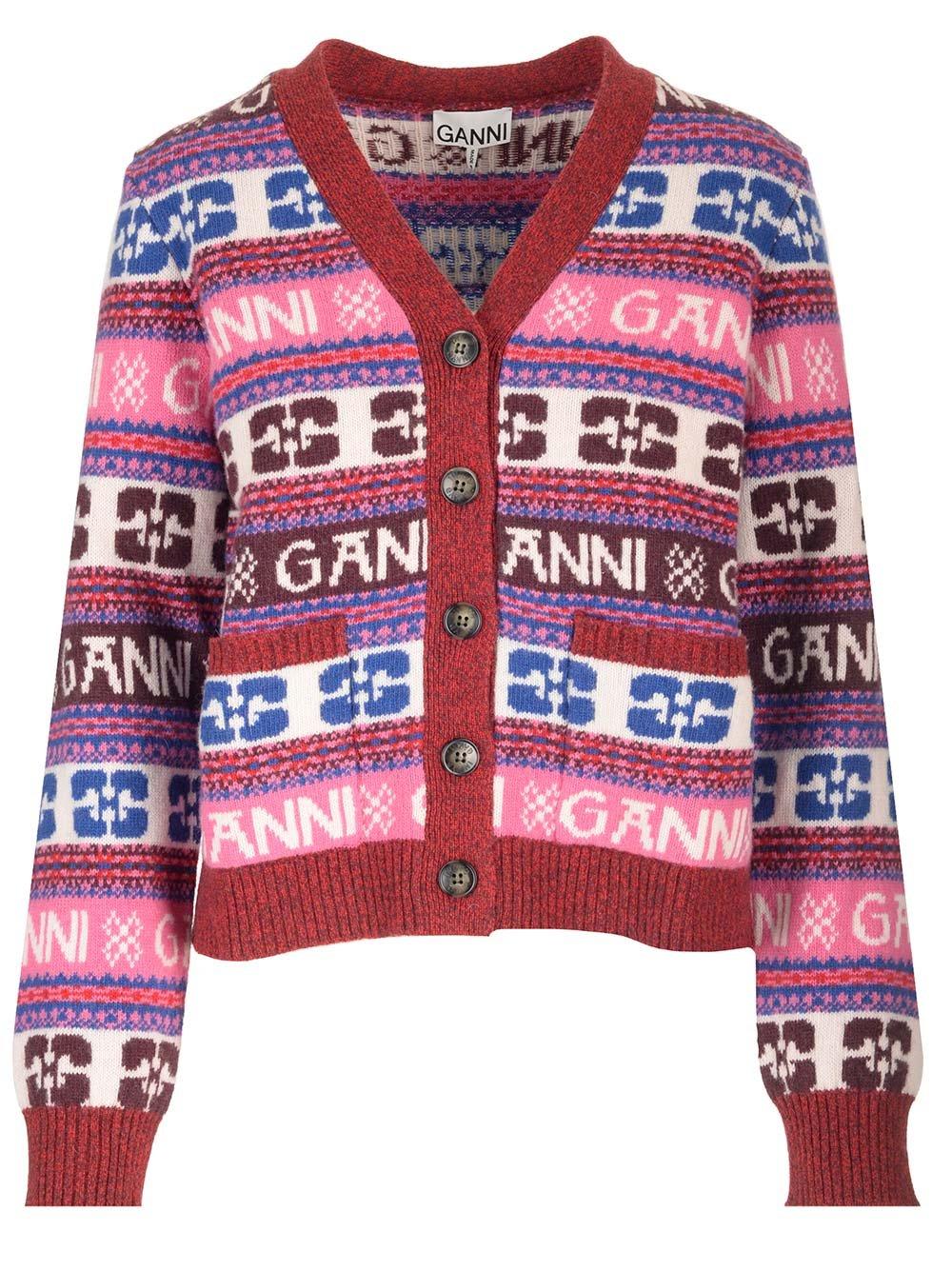 Shop Ganni Logo Intarsia Knitted Cardigan In Multicolour