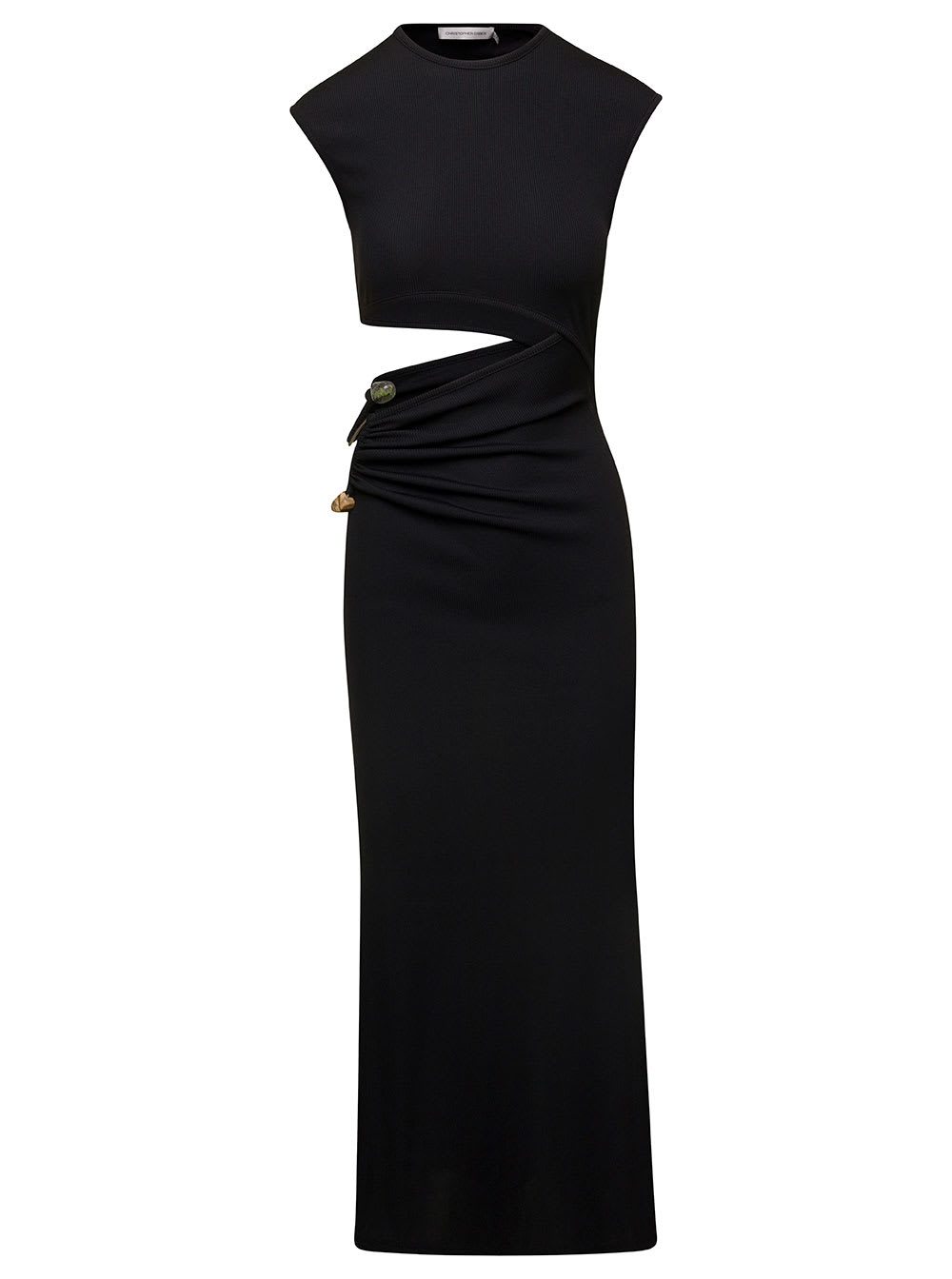 Christopher Esber Long Black Ribbed Dress With Cut-out Detail At The Waist In Elasticated Polyester Woman