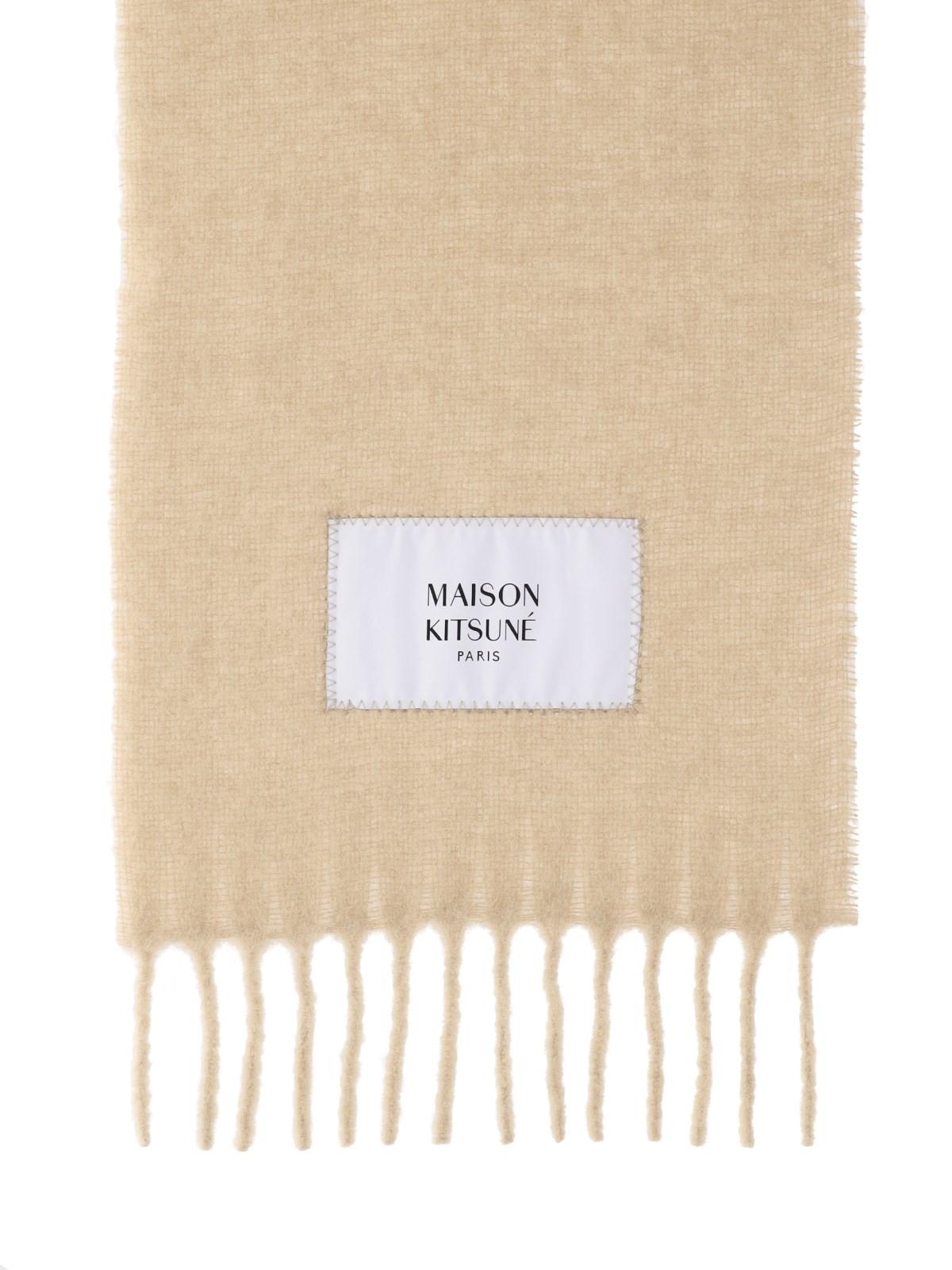 Shop Maison Kitsuné Large Scarf With Fringes In Beige