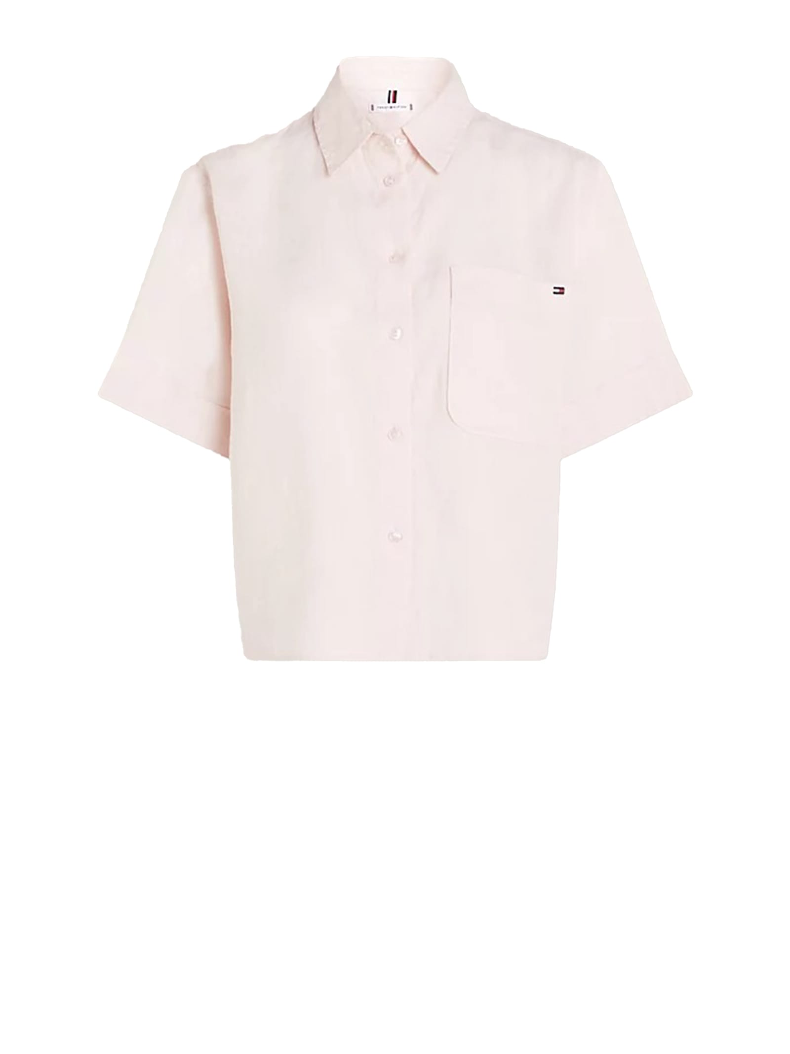 Shop Tommy Hilfiger Relaxed Fit Linen Shirt With Short Sleeves In Whimsy Pink