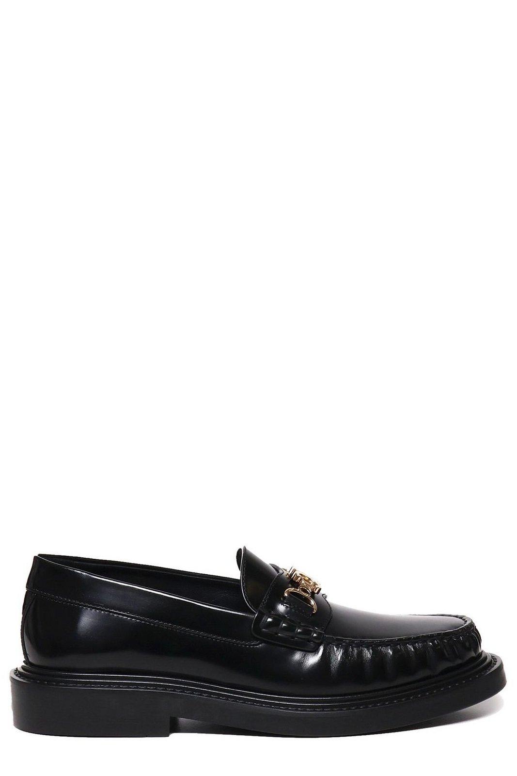 Shop Celine Triomphe Chain Link Loafers In Black