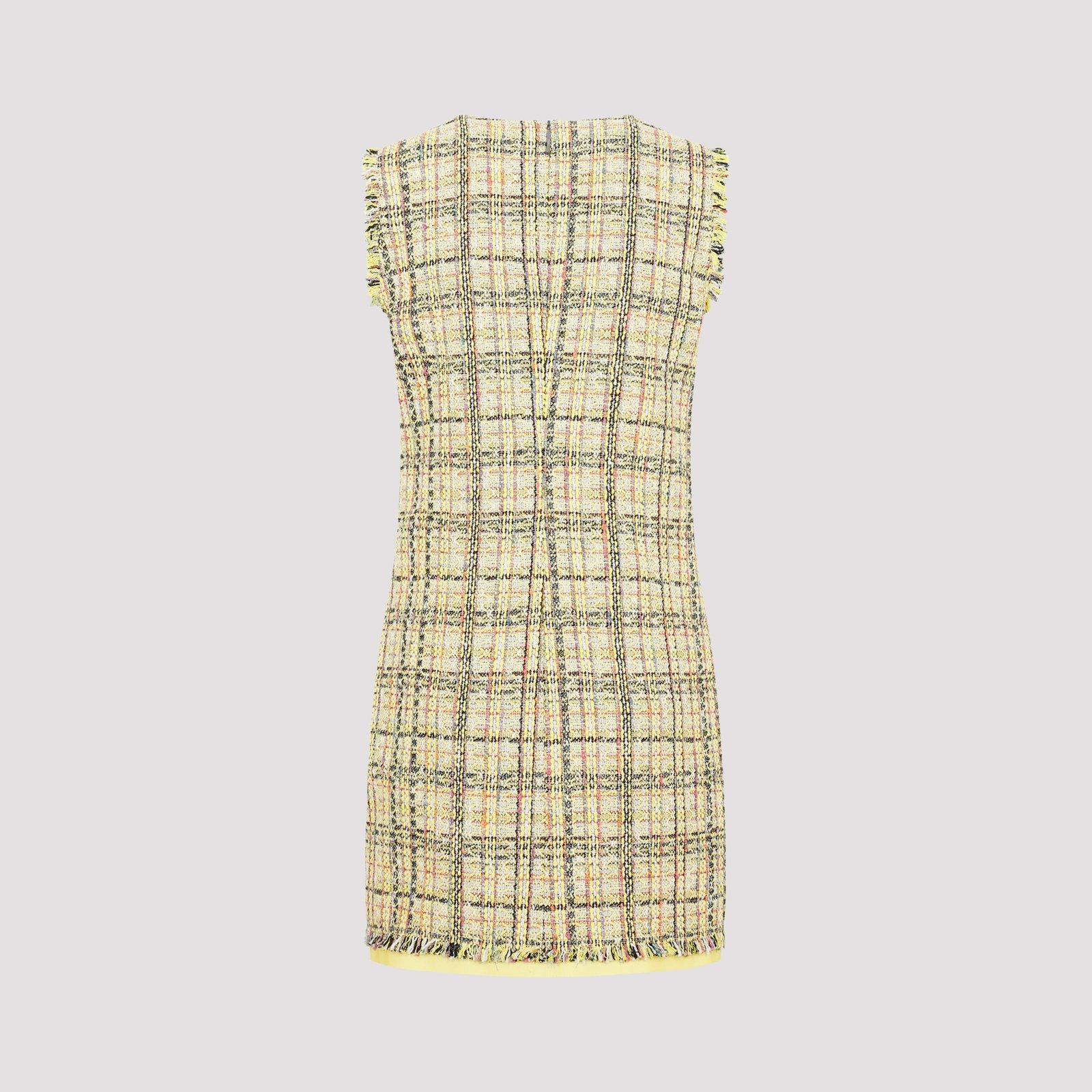 Shop Msgm Plaid Tweed Frayed Edge Mini Dress
