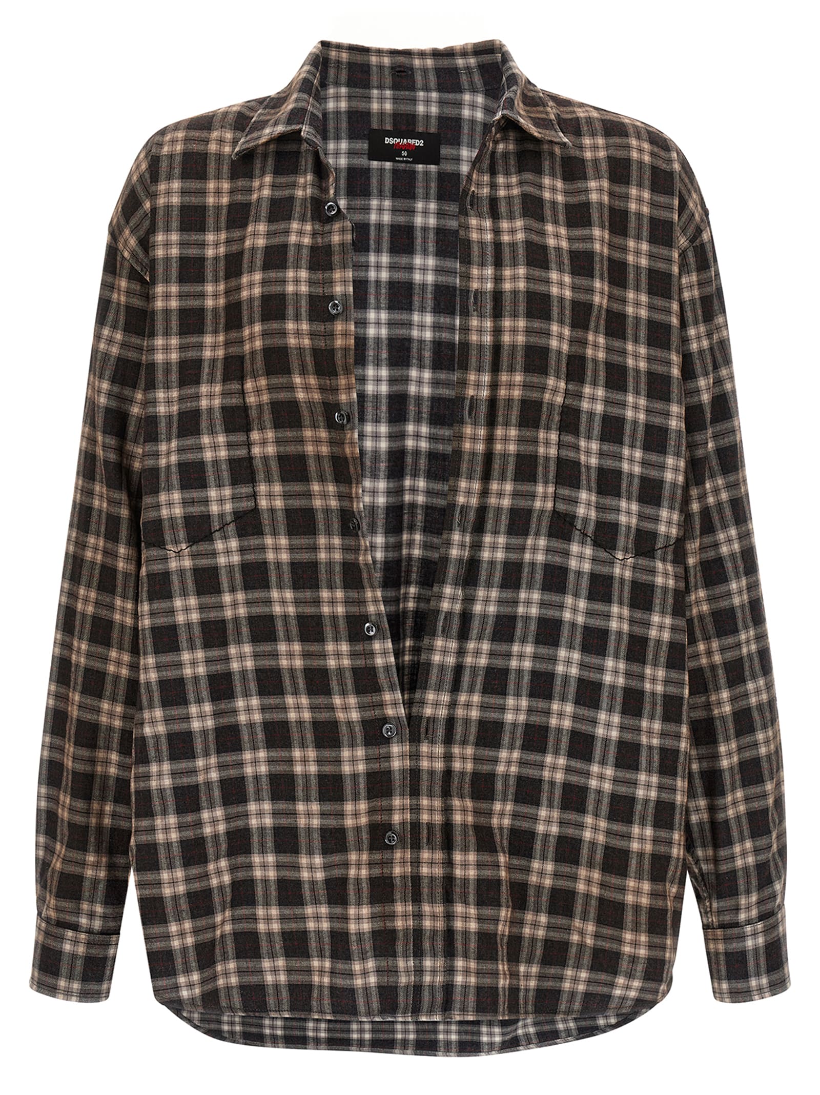 Dsquared2 D2 X Magliano Brown Shirt With Tie Detail On The Front And All-over Check Motif In Cotton Man In Brown