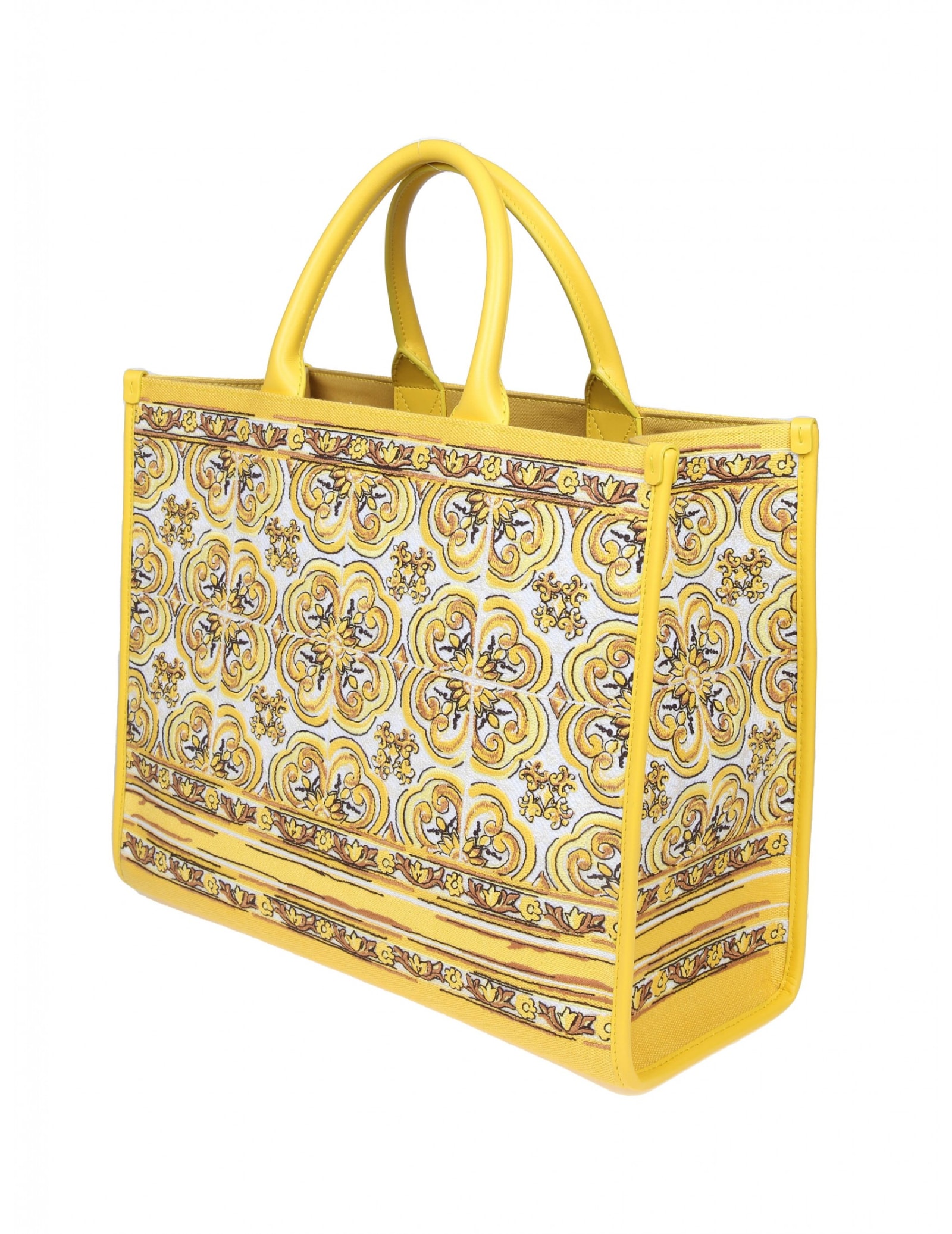 Shop Dolce & Gabbana Shopping Shop In Fabric With Embroidered Maiolica Print In Yellow