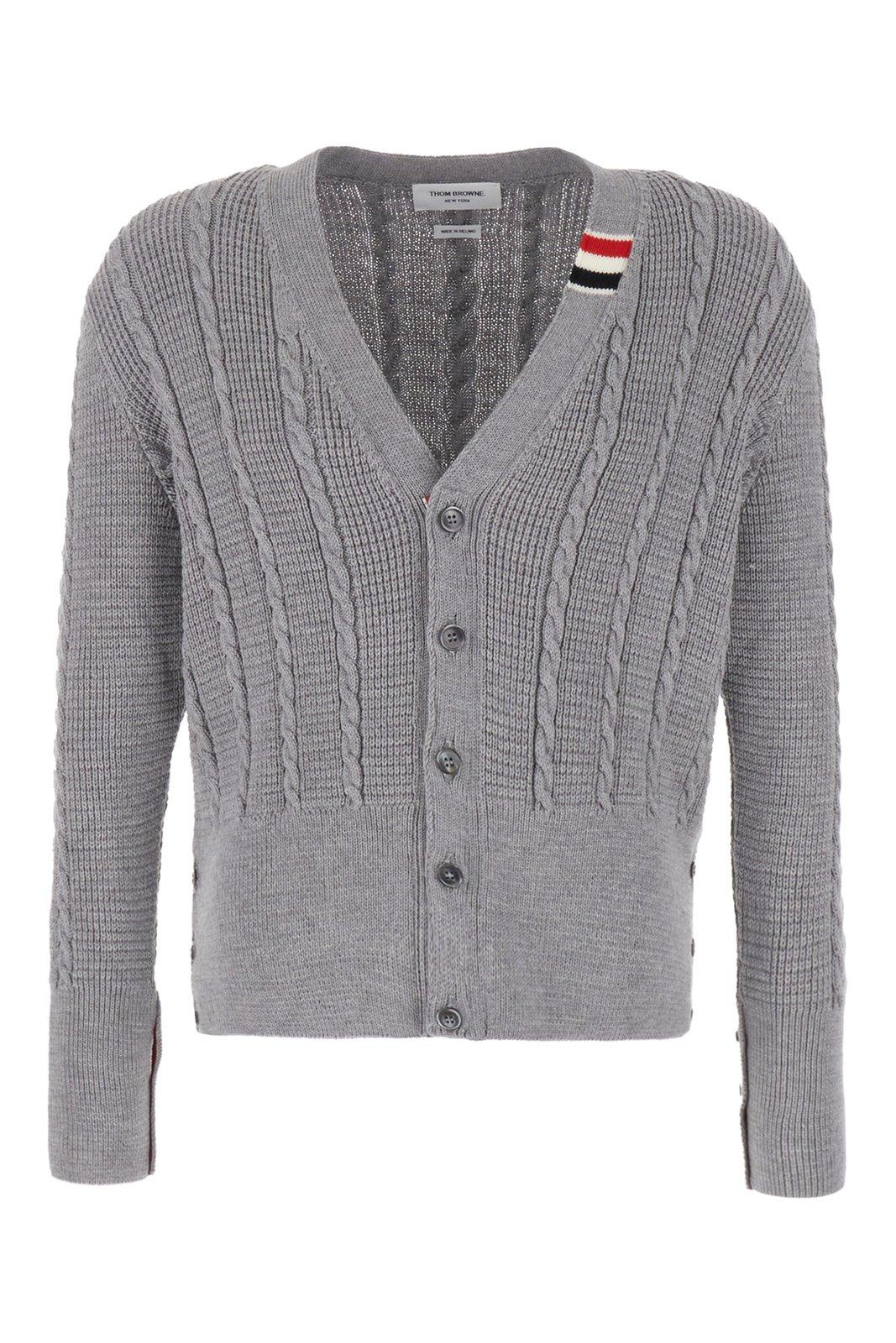 Shop Thom Browne V-neck Buttoned Knitted Cardigan In Light Grey
