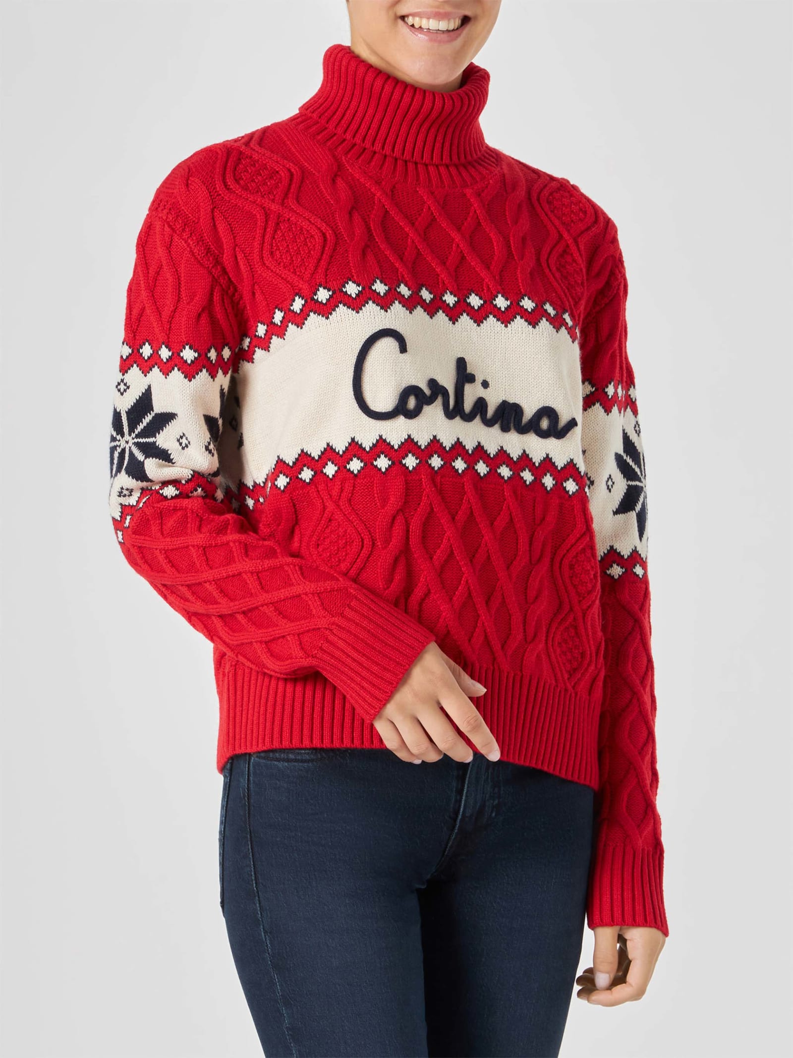 Shop Mc2 Saint Barth Woman Half-turtleneck Sweater With Cortina Lettering In Red