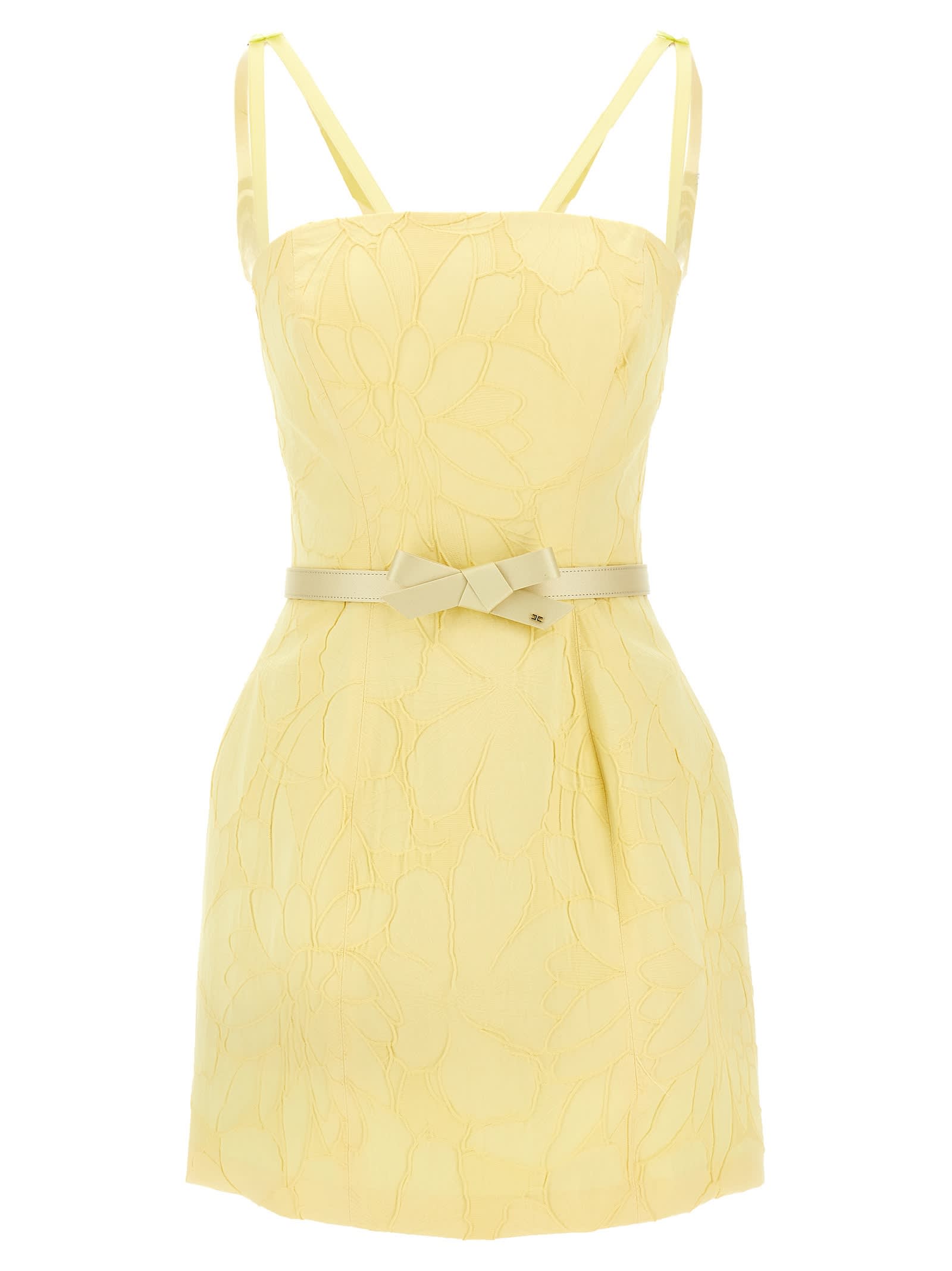 Elisabetta Franchi Fitted Mini Dress With Floral Texture In Yellow
