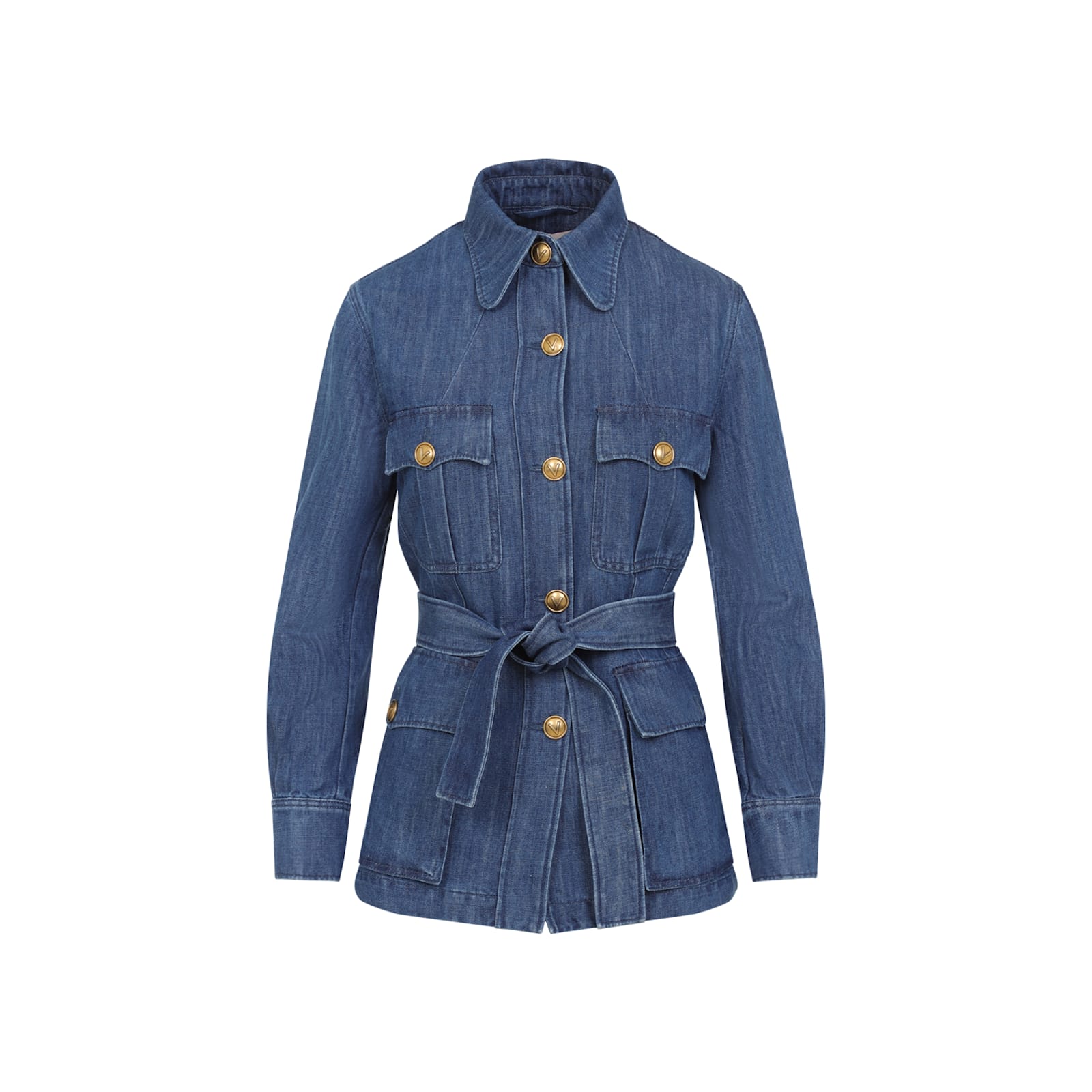 Shop Valentino Sahariana Belted Waist Denim Jacket In Medium Blue Denim