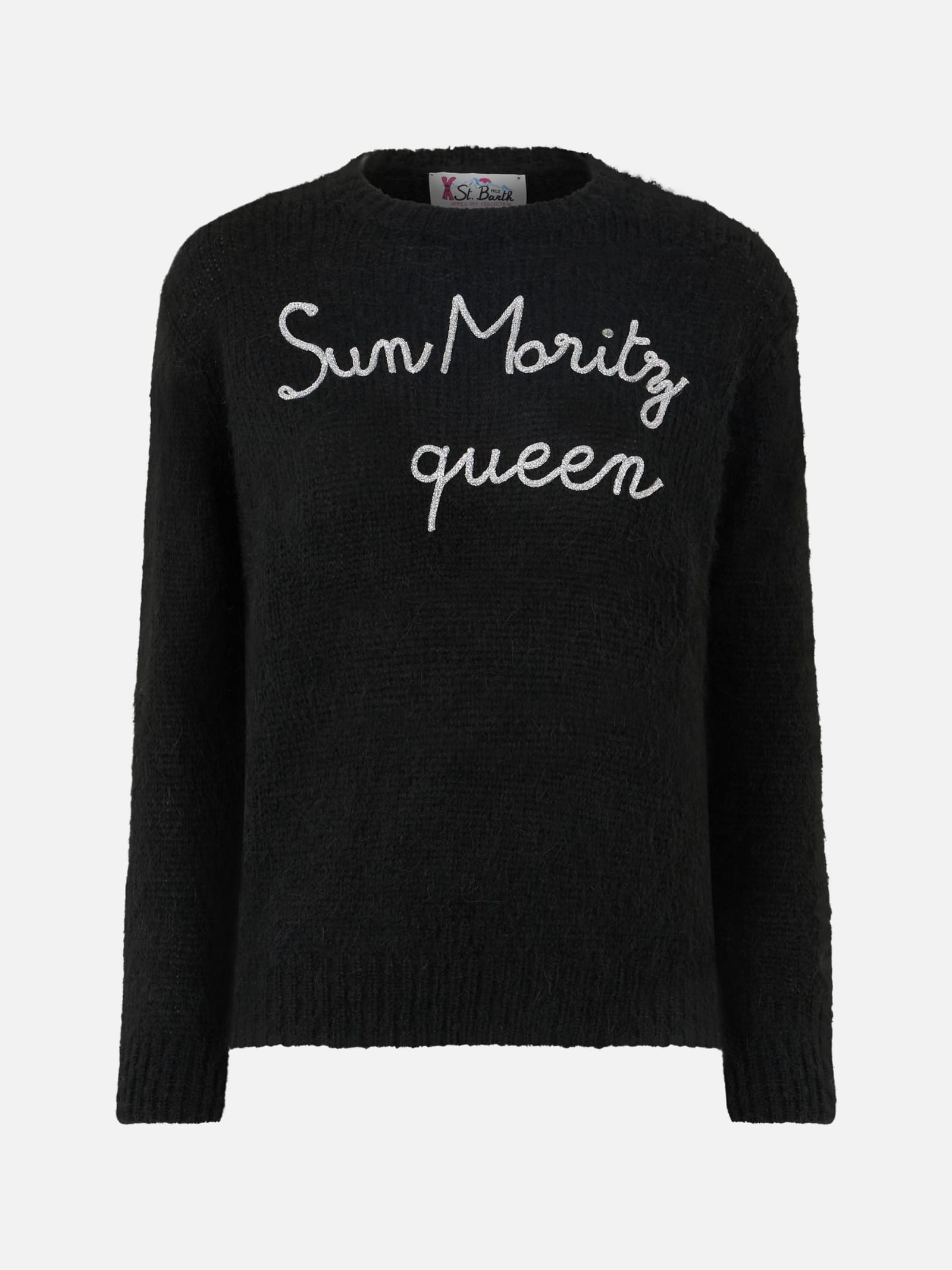 Shop Mc2 Saint Barth Woman Crewneck Soft Sweater With Sun Moritz Queen Embroidery In Black