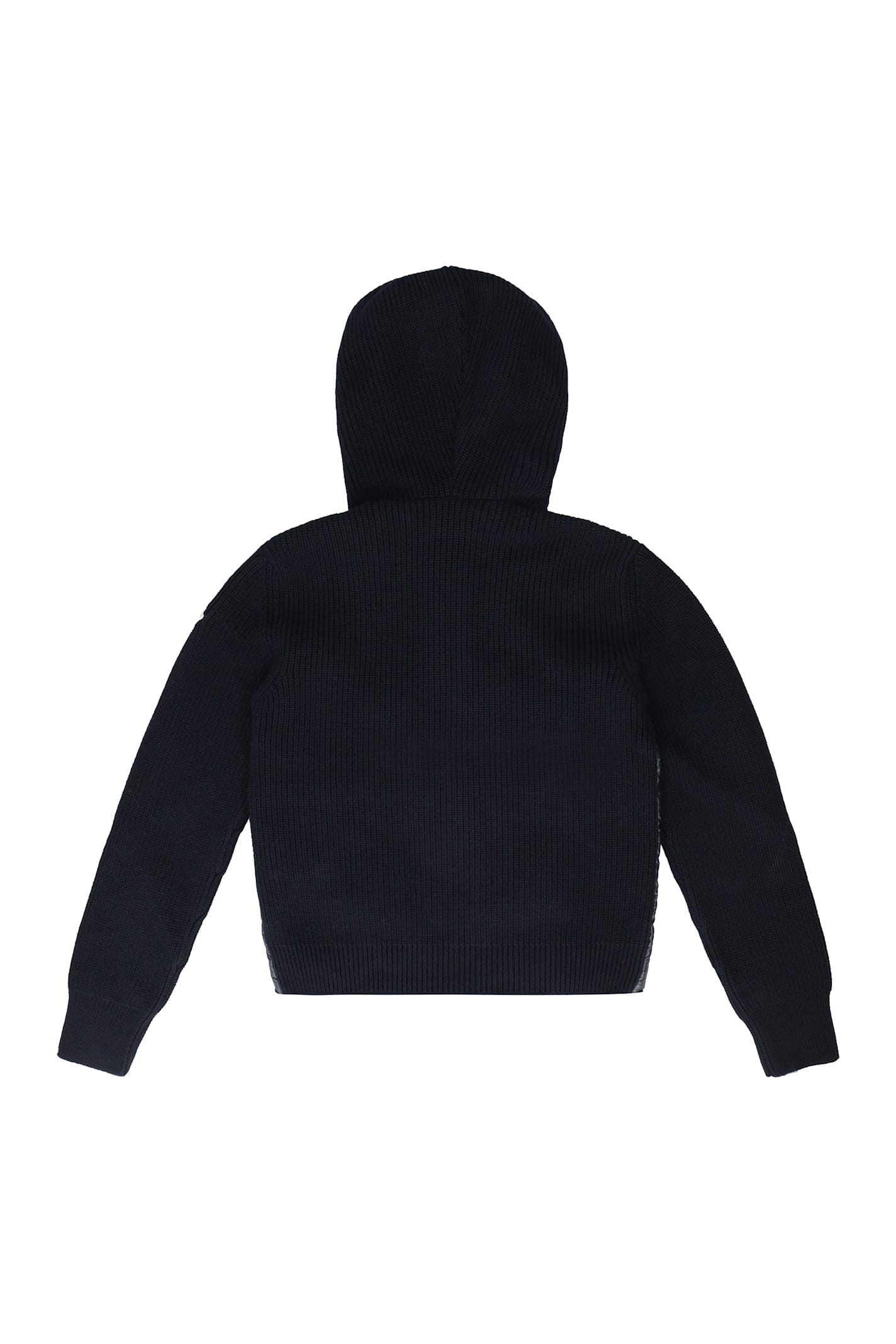 Moncler Black Hooded Cardigan With Logo Patch In Wool And Tech Fabric Boy In Blue