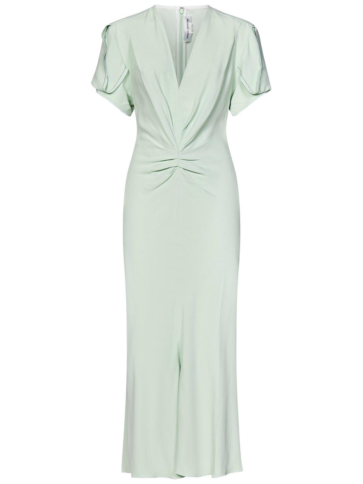 Shop Victoria Beckham V-neck Ruched-detailed Midi Dress In Green