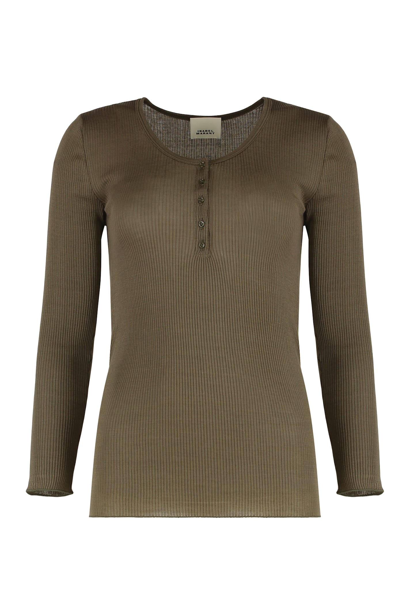 Isabel Marant Étoile Long Sleeve Cotton T-shirt With Button Detail In Brown
