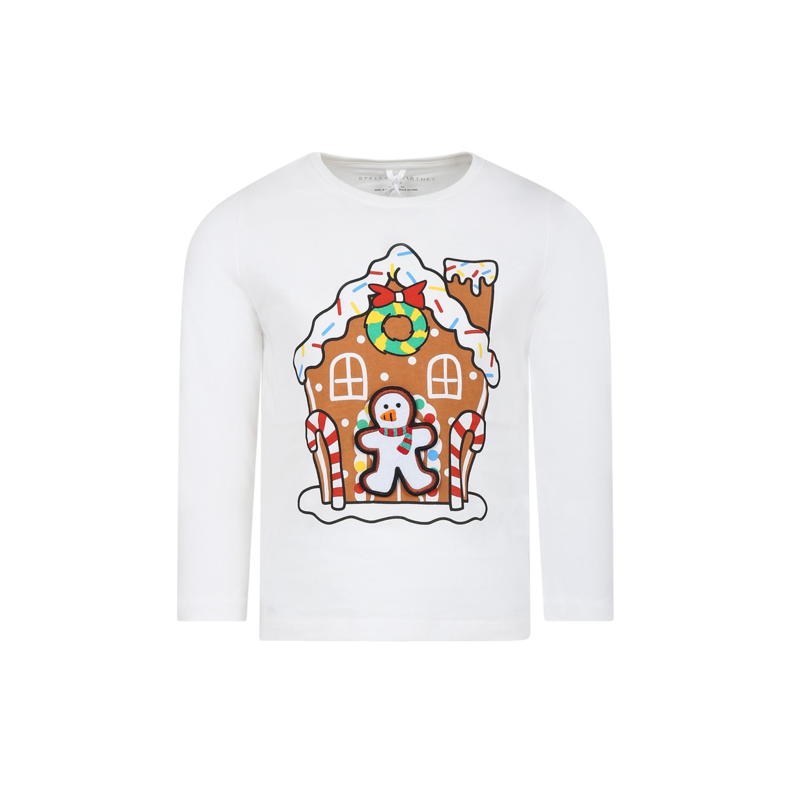 Stella Mccartney White T-shirt For Boy With Printed Gingerbread House In White