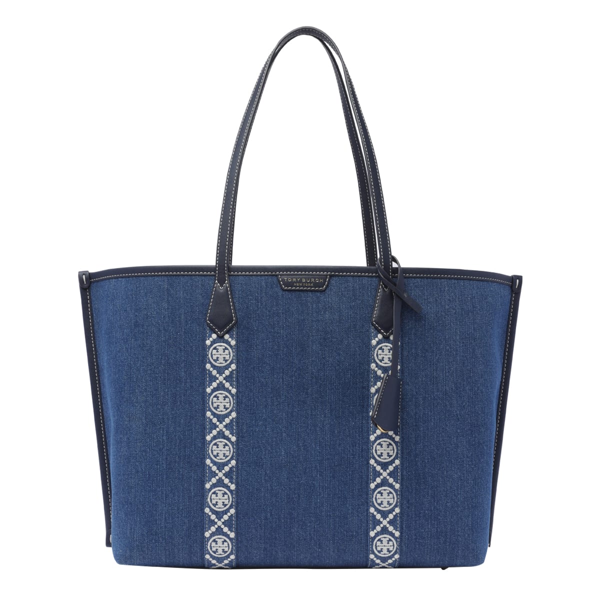 Shop Tory Burch Perry 3 Compartments Denim Shopping Bag In Blue