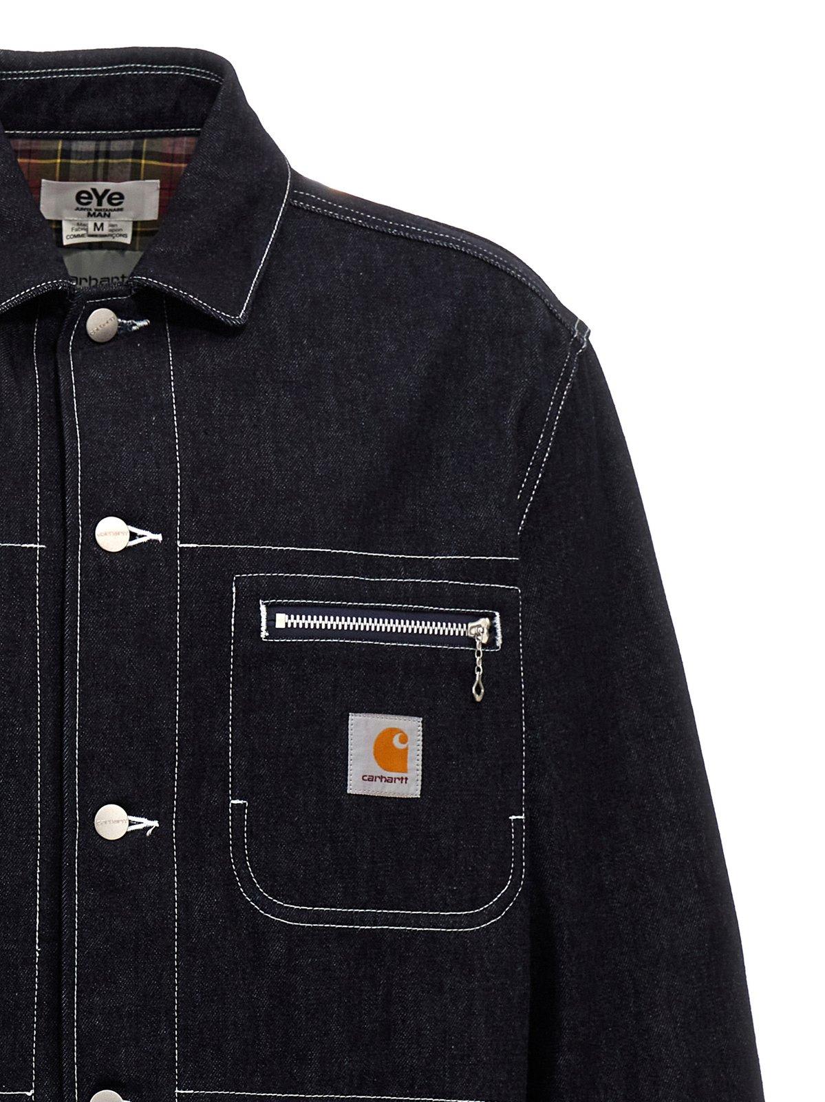 Shop Junya Watanabe X Carhartt Logo-patch Buttoned Coat In Blue