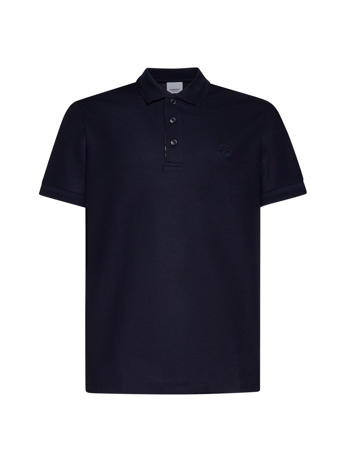 Burberry Logo Embroidered Short Sleeved Polo Shirt In Coal Blue