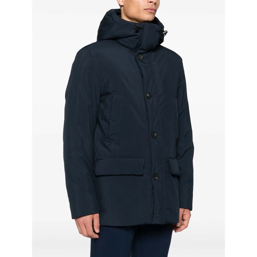 Woolrich Relaxed-fit Hooded Coat With Button Closure And Multiple Pockets In Blue