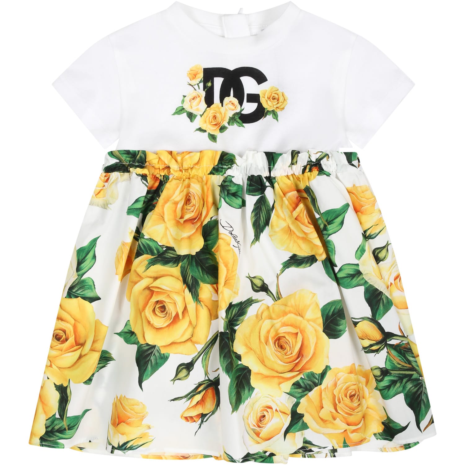 DOLCE & GABBANA WHITE CASUAL DRESS FOR BABY GIRL WITH FLOWERING PATTERN