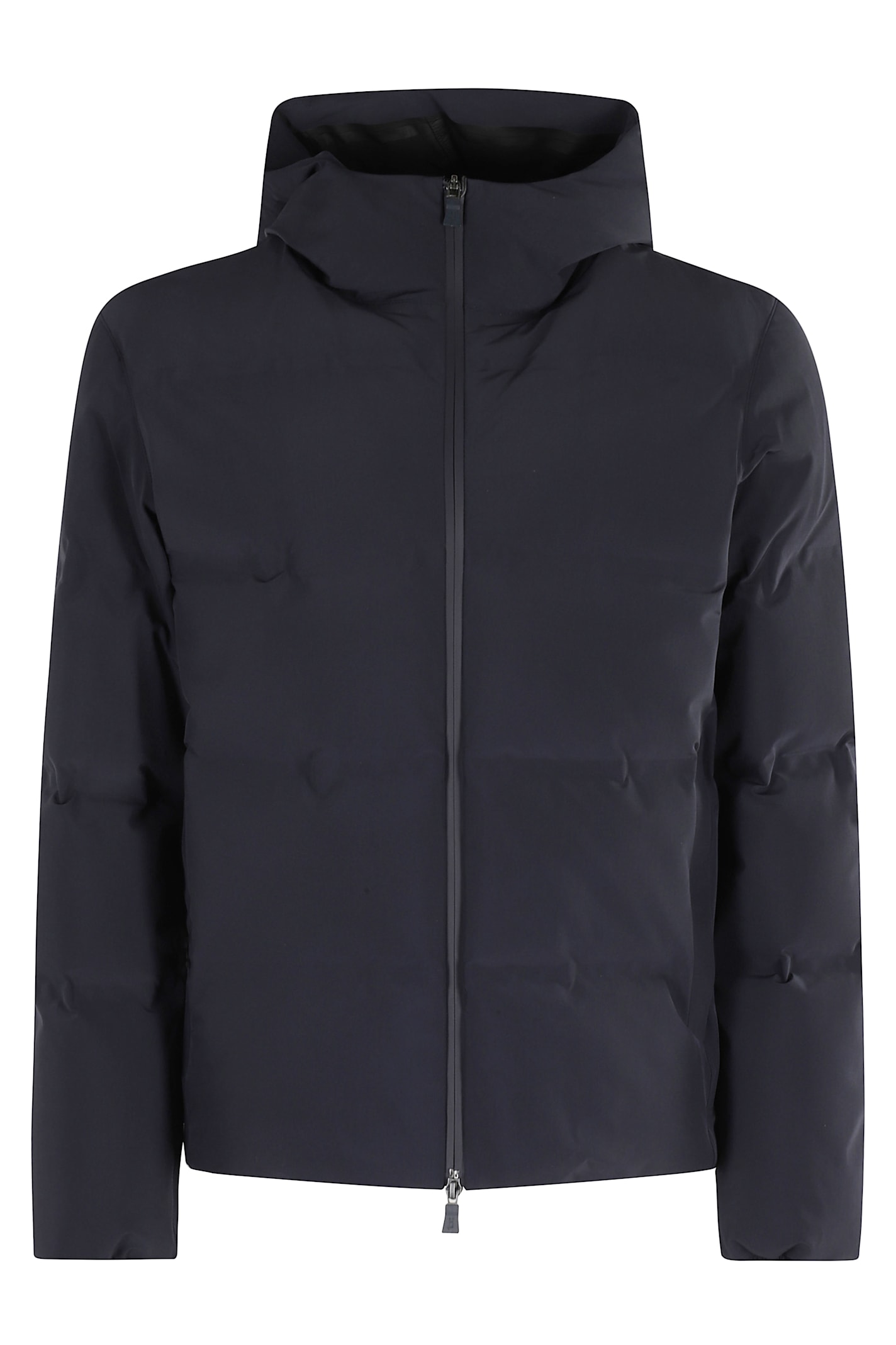 Herno High-collar Hooded Down Jacket With Logo Detail In Blue