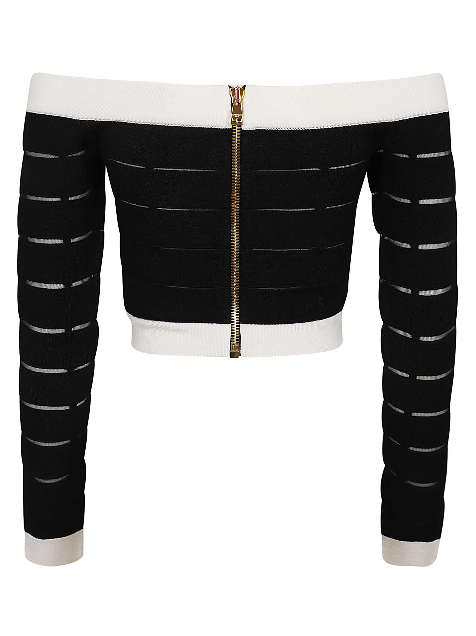 Shop Balmain Ls Off Shoulder Buttoned Knit Crop Top In Eab Noir Blanc