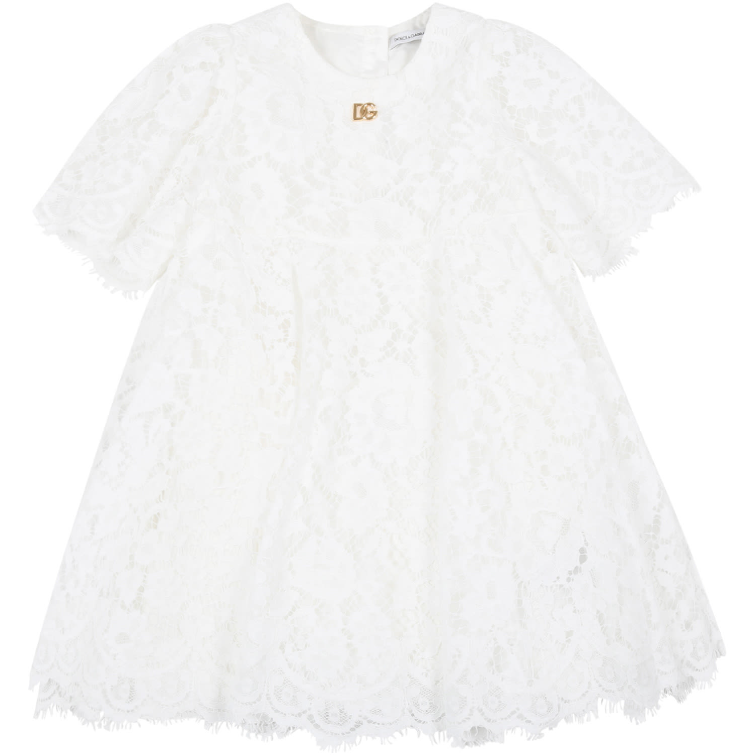Dolce & Gabbana White Dress For Baby Girl With Metallic Logo Patch