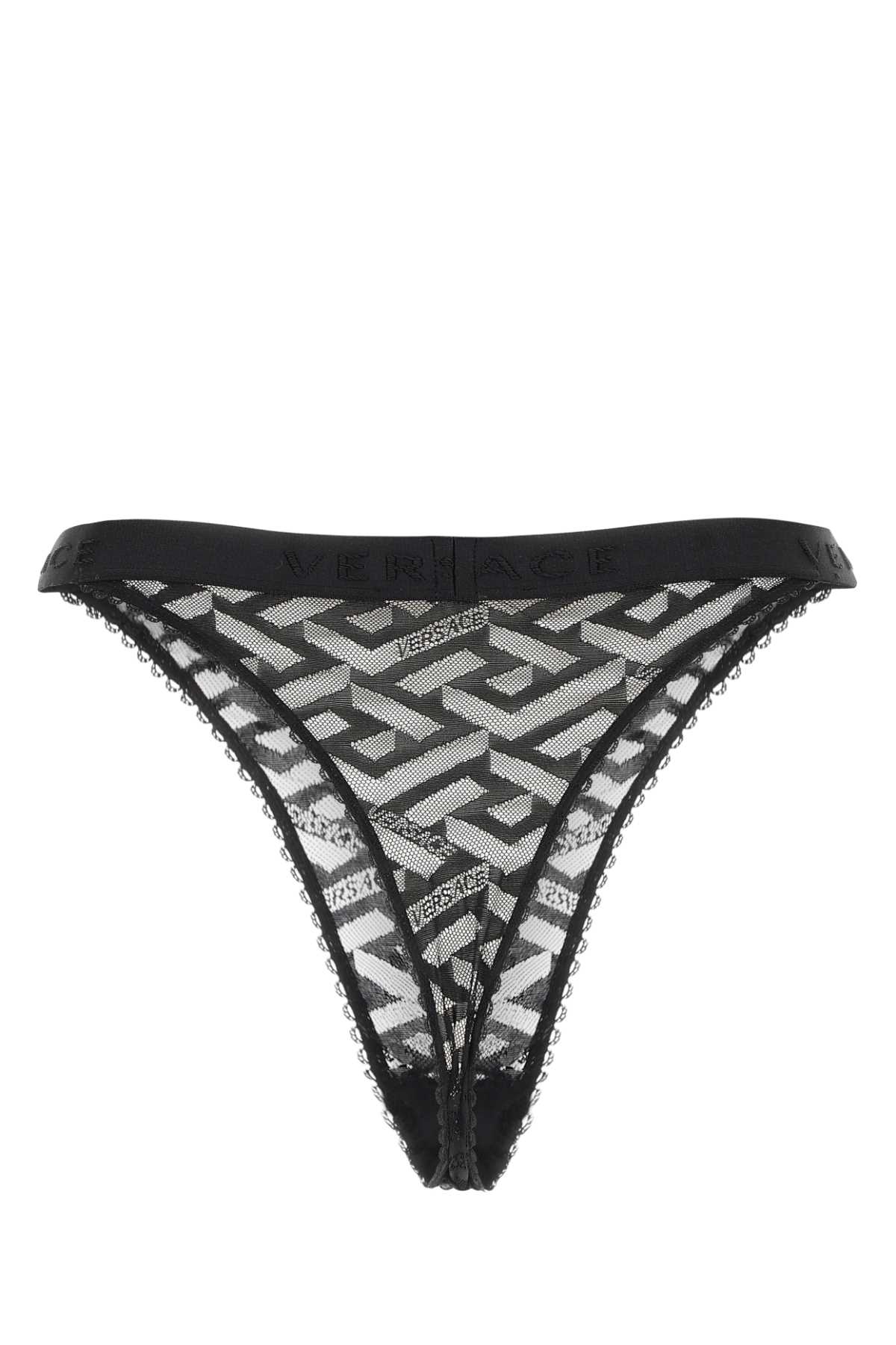 Versace Black Stretch Lace Thong In Nero
